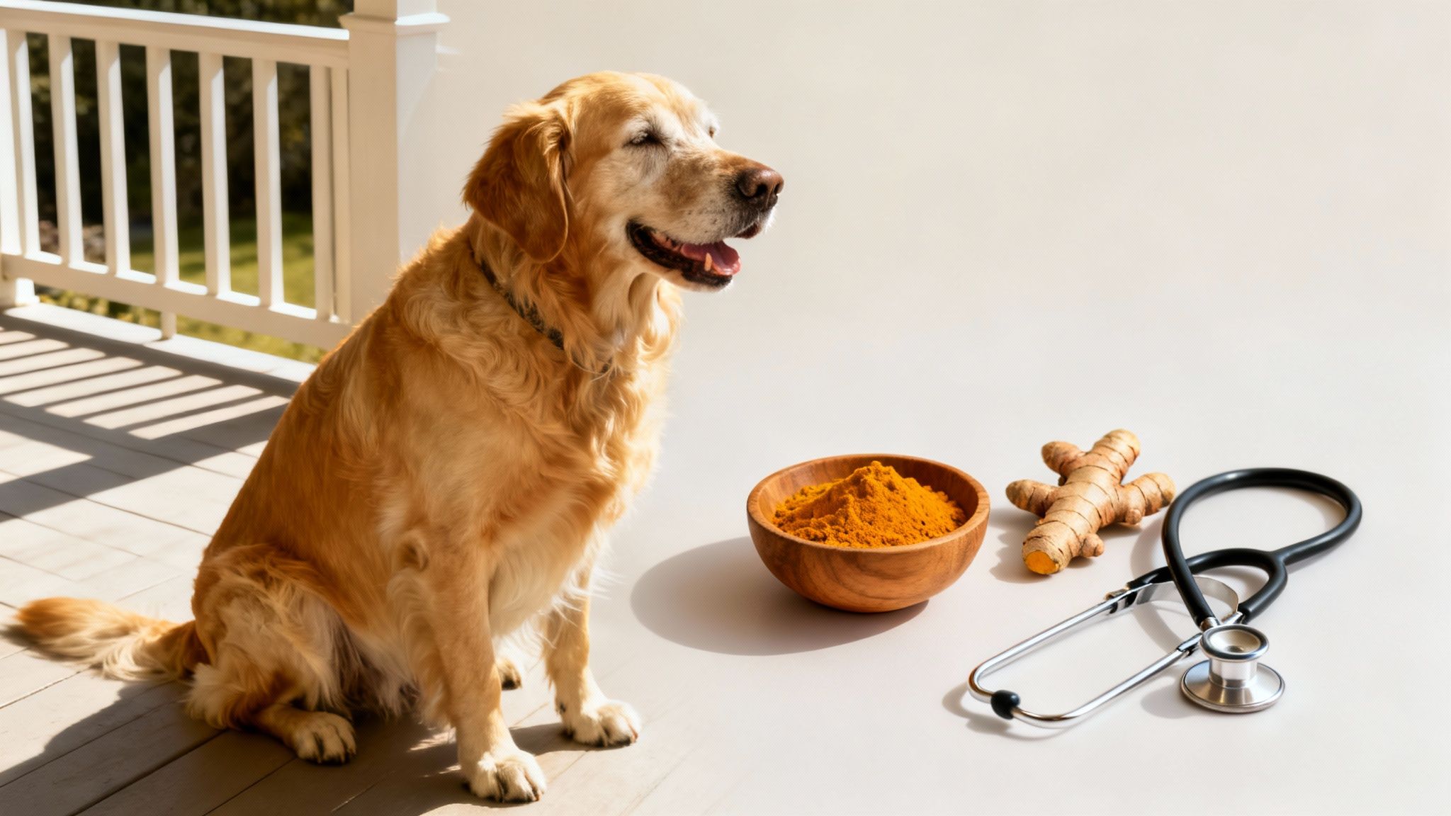 A golden retriever sits on a porch next to turmeric powder, root, and a stethoscope.