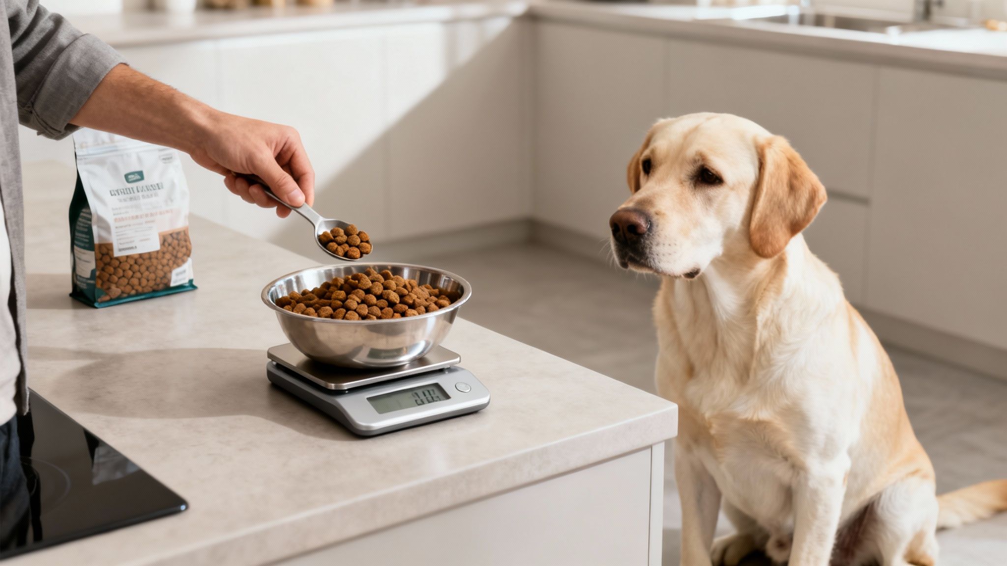 A person spoons dry dog food into a bowl on a scale, with a Labrador patiently watching.