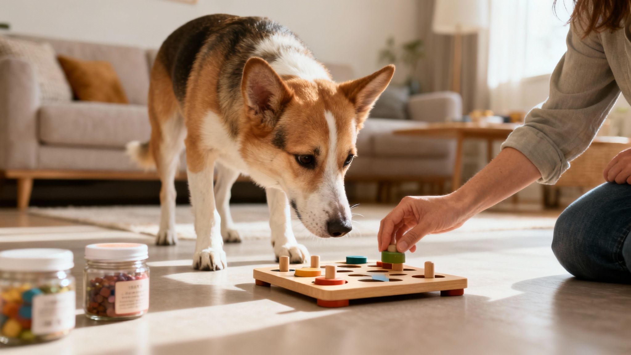 A dog attentively watches a person's hand place a piece into a wooden puzzle toy on the floor.