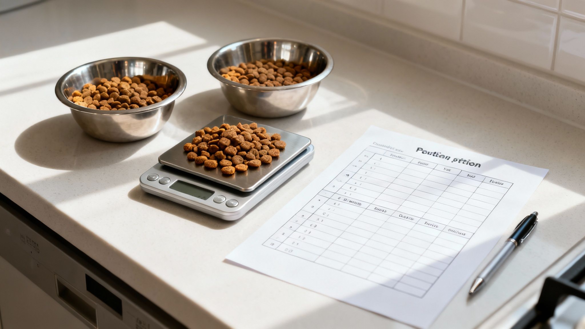 Two metal bowls of dog kibble, a digital scale weighing pet food, and a portion plan on a kitchen counter.