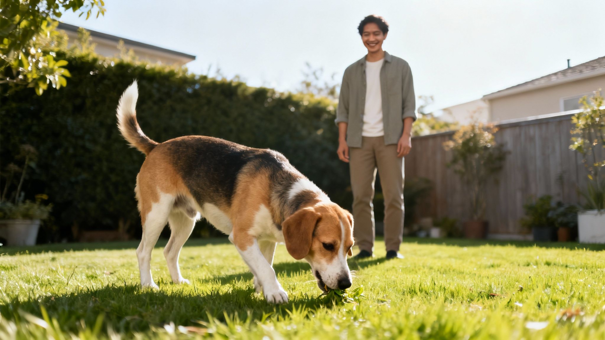 A happy man watches his beagle dog chewing on green grass in a sunny backyard.