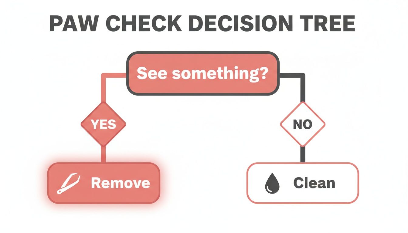 A paw check decision tree flowchart showing steps: see something (yes/no), then remove or clean.
