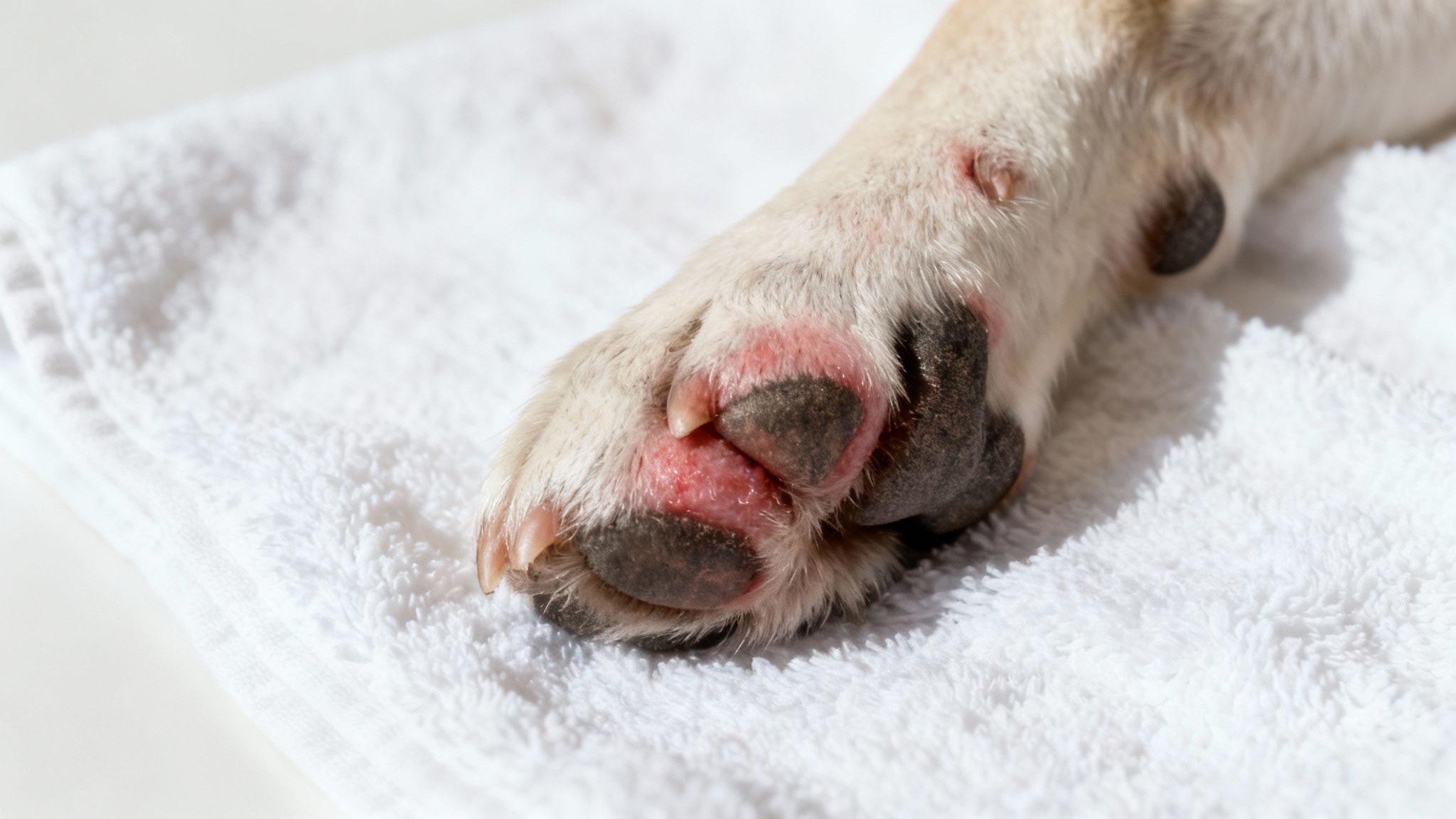 Close-up of a dog's red, irritated paw with visible skin inflammation, resting on a white towel.