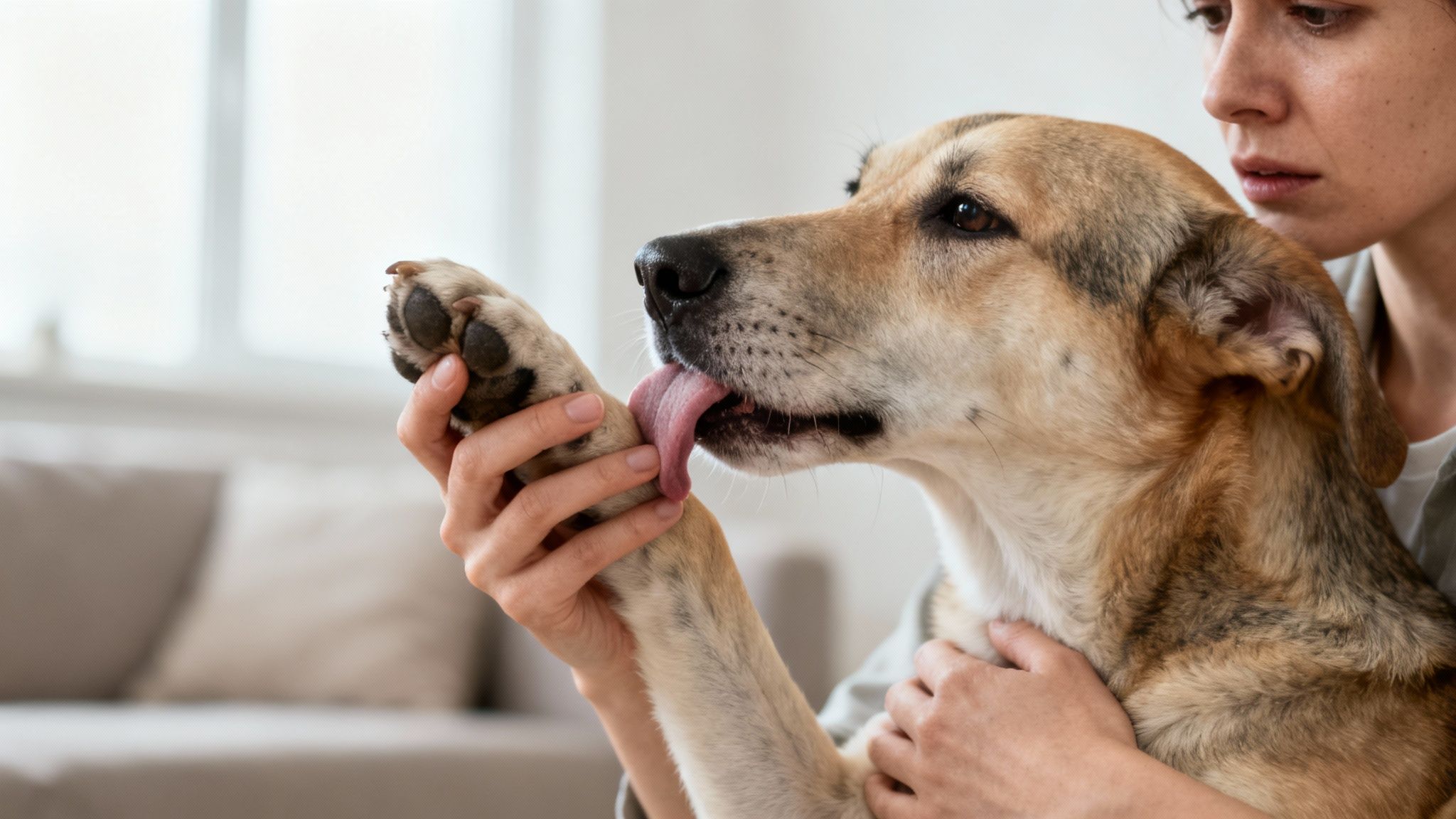 A close-up of a person holding a dog's paw while the dog licks it affectionately.