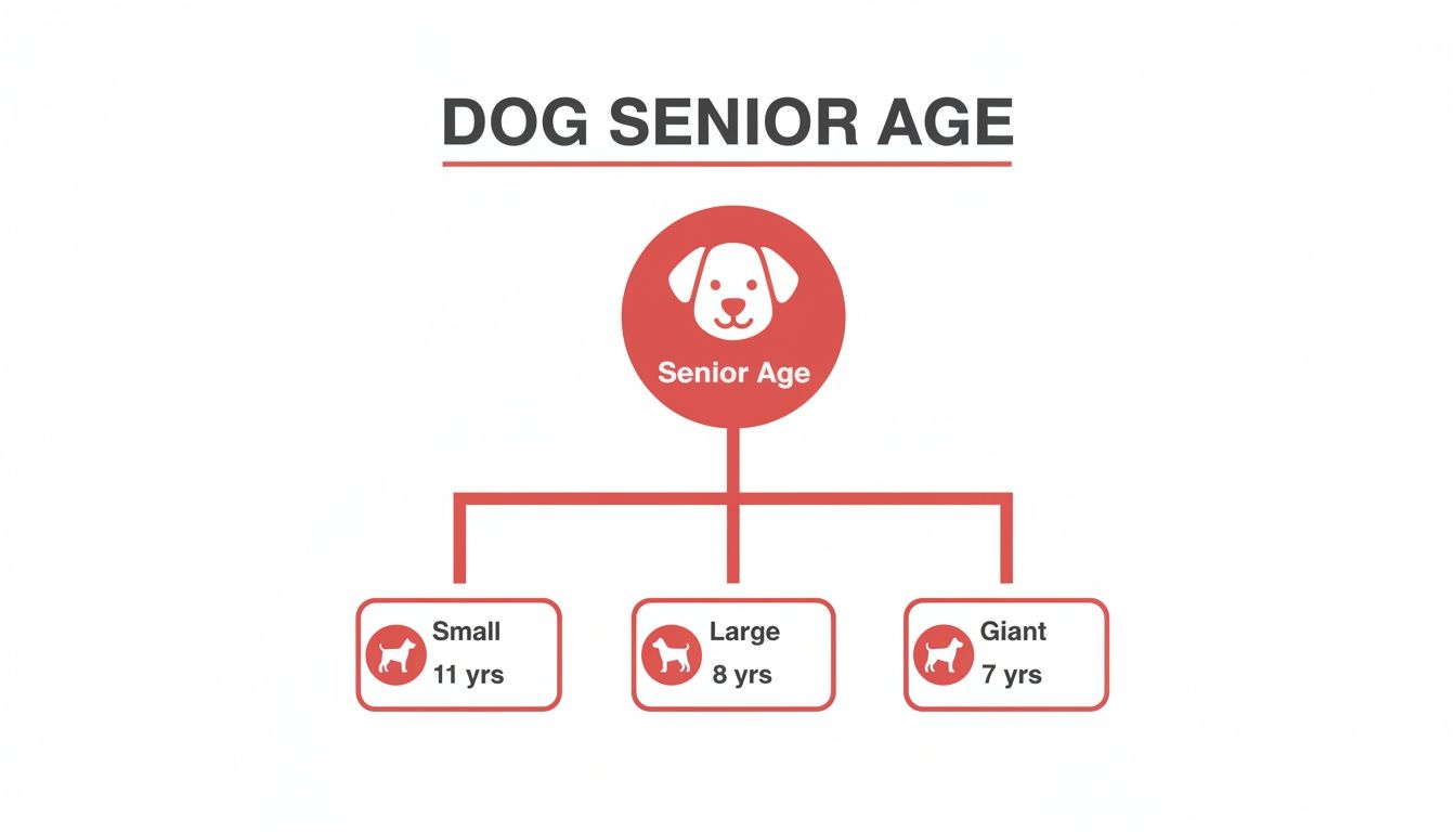 Infographic illustrating dog senior age by size, showing Small (11 yrs), Large (8 yrs), and Giant (7 yrs).