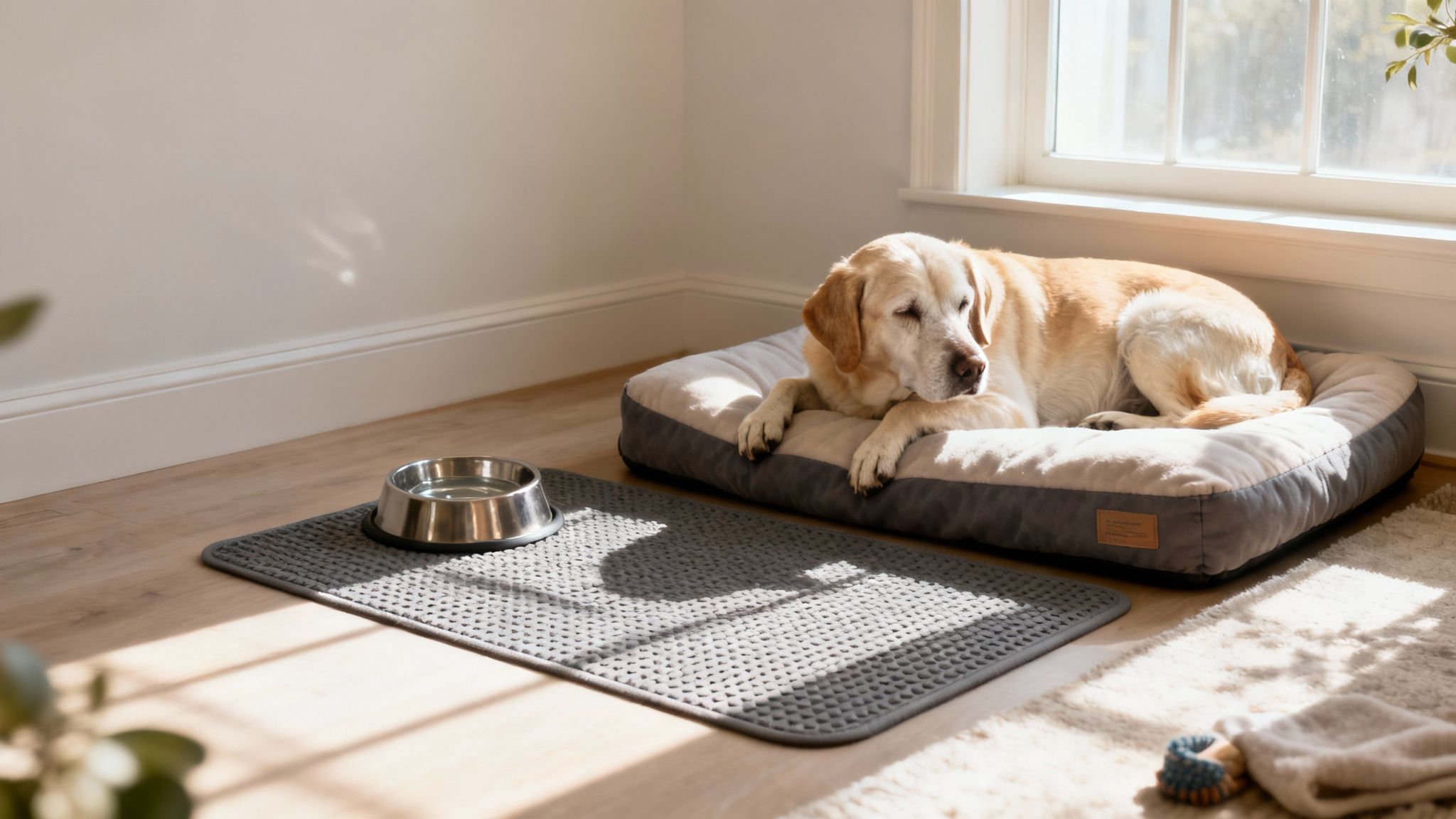 A senior yellow Labrador retriever peacefully rests on a cozy dog bed beside a water bowl.