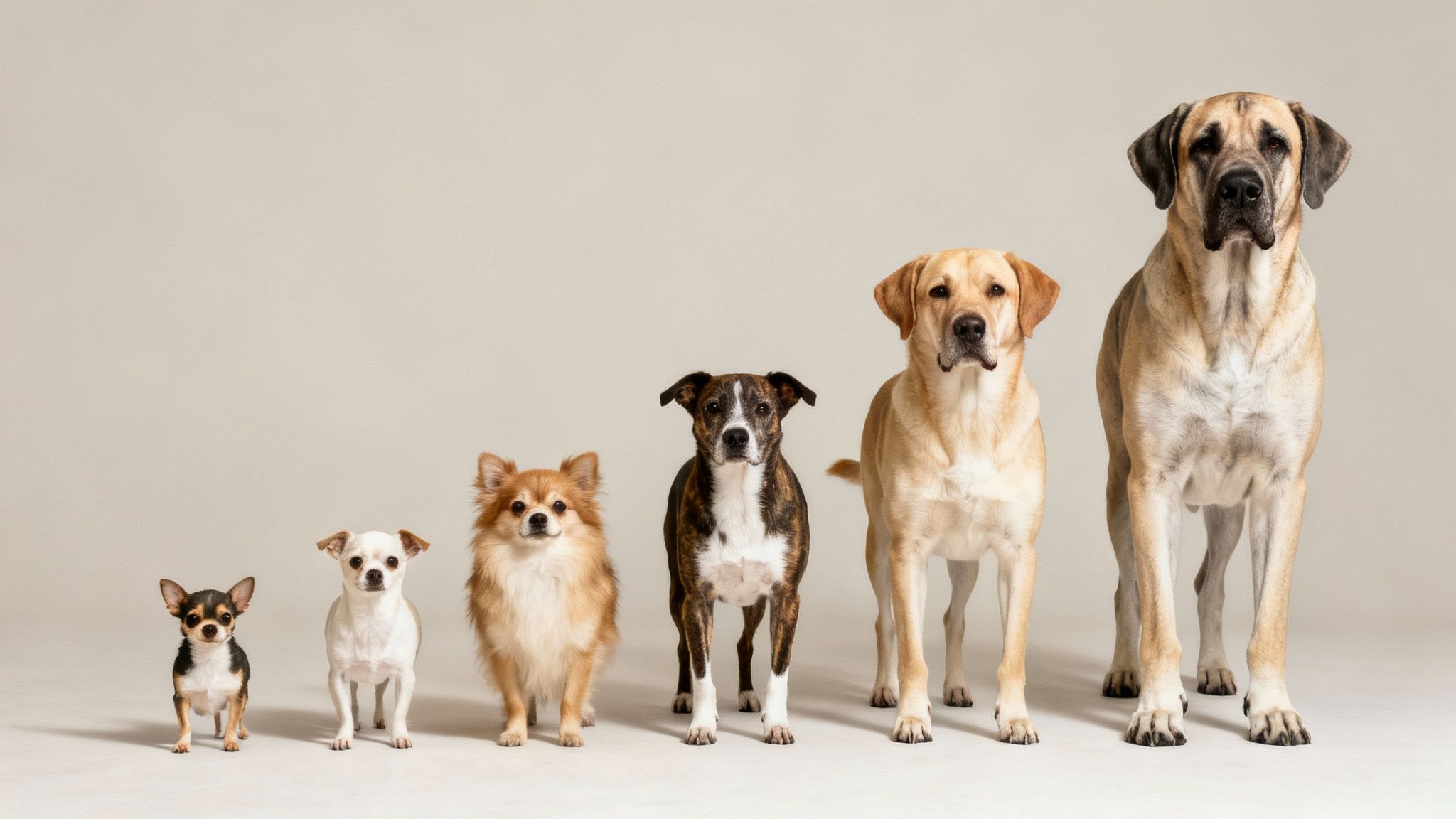 Six diverse dogs, from a tiny chihuahua to a large mastiff, standing in a line by size.