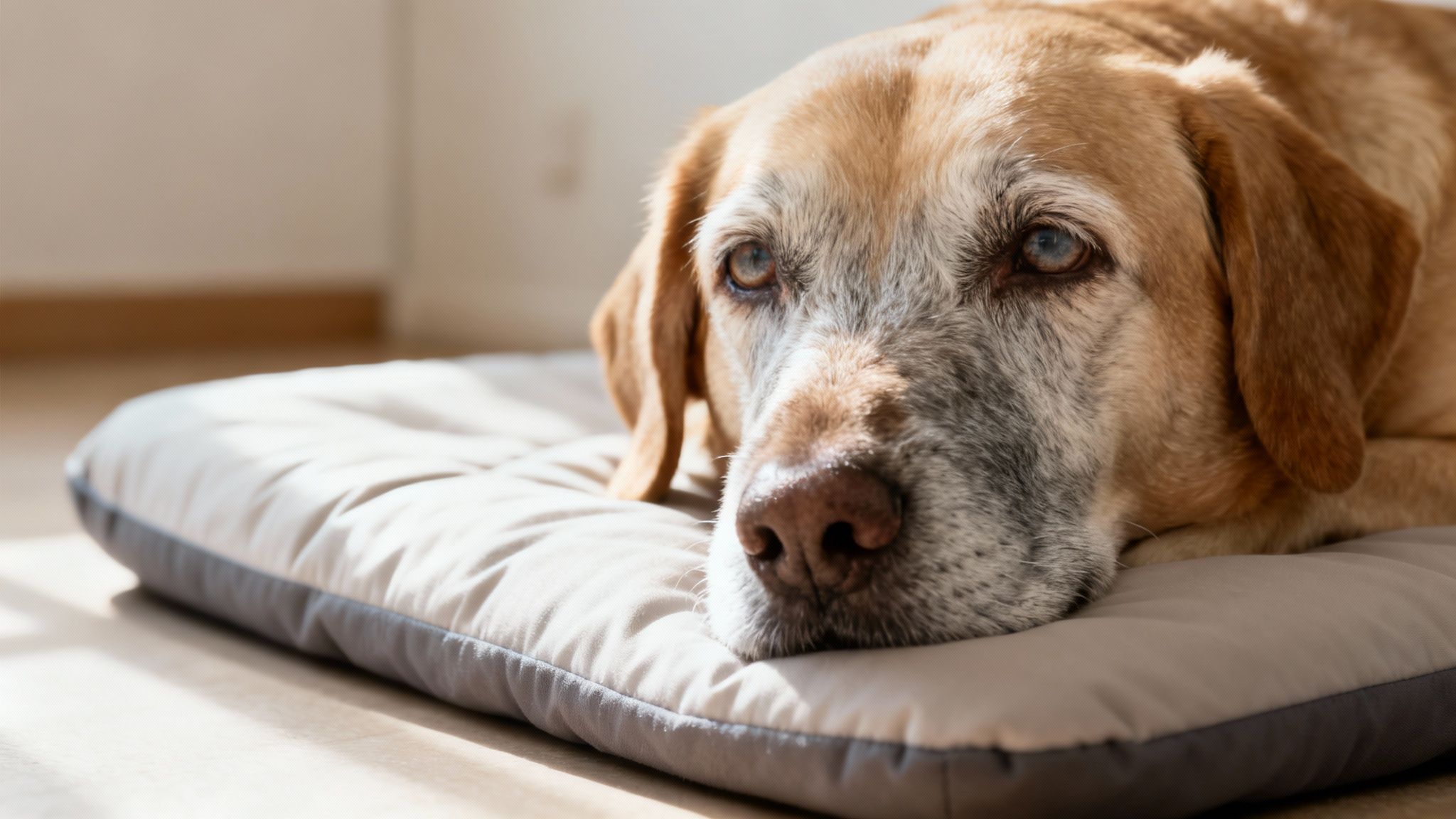 A close-up of a senior golden retriever mix dog with a gray muzzle resting on its bed.