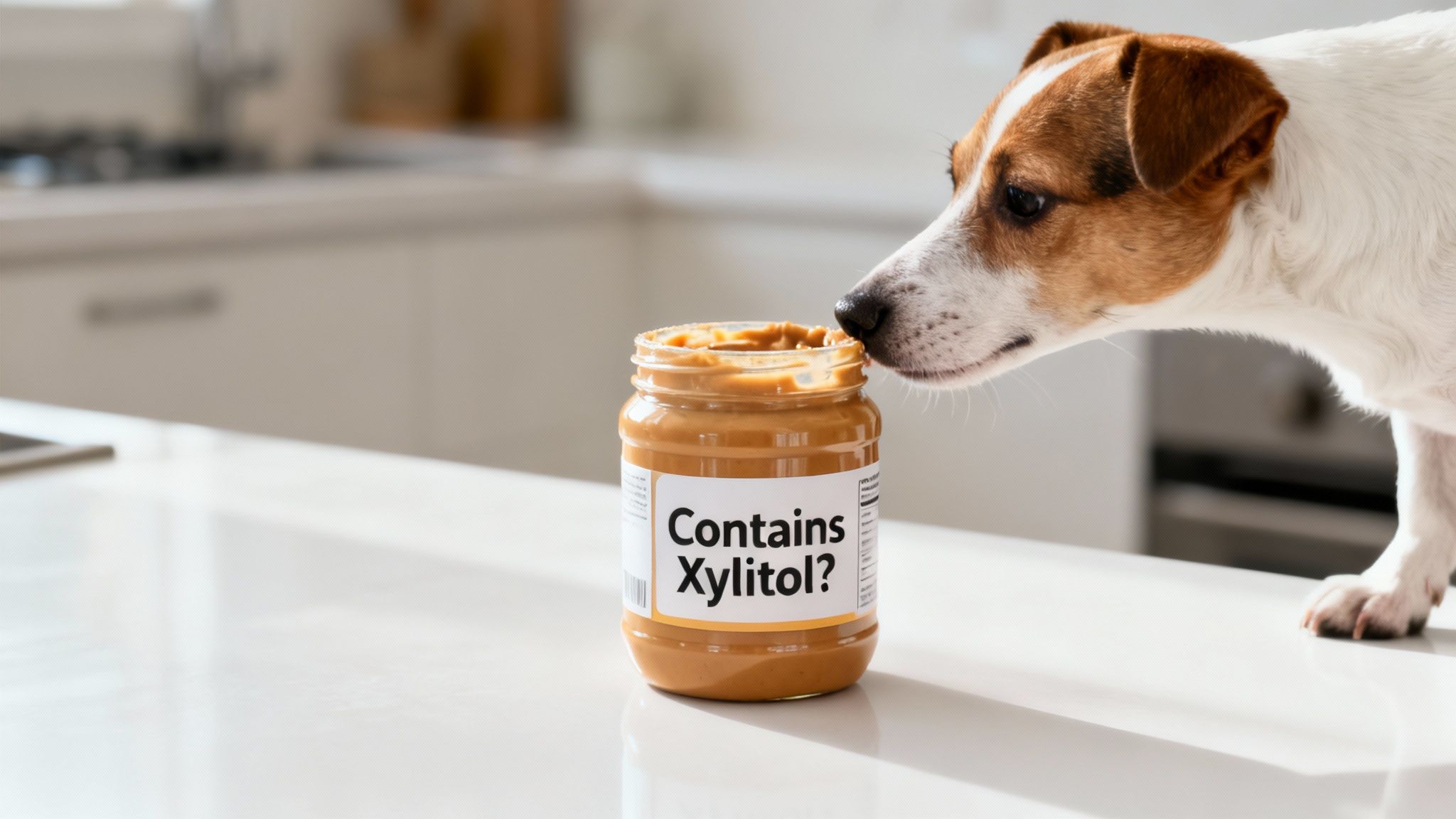 A curious dog sniffs a jar of peanut butter labeled with "Contains Xylitol?", highlighting pet safety.