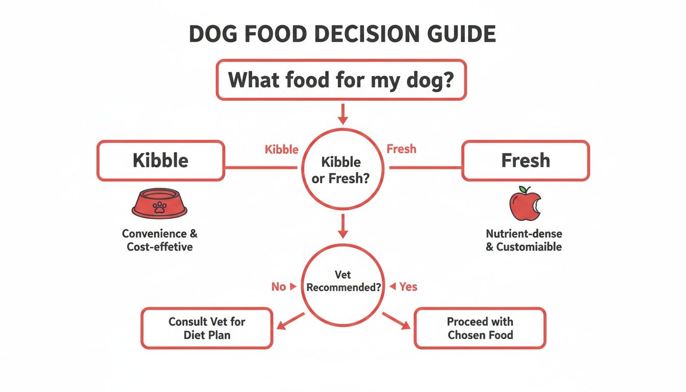 Flowchart guide to choosing dog food, comparing kibble and fresh options based on vet recommendations.