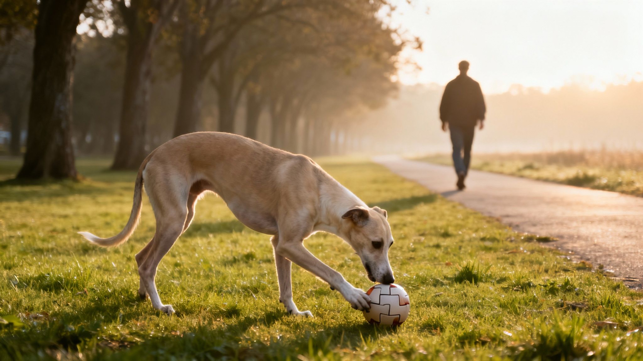 A light-colored dog plays with a soccer ball in a sunny, grassy park with a person walking in the background.