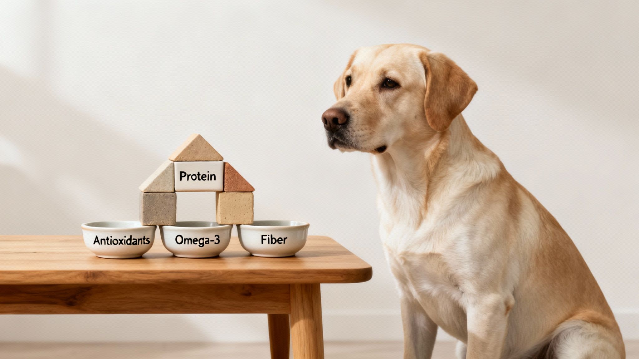 A golden Labrador dog sits next to a table with nutritional blocks and bowls for dogs.