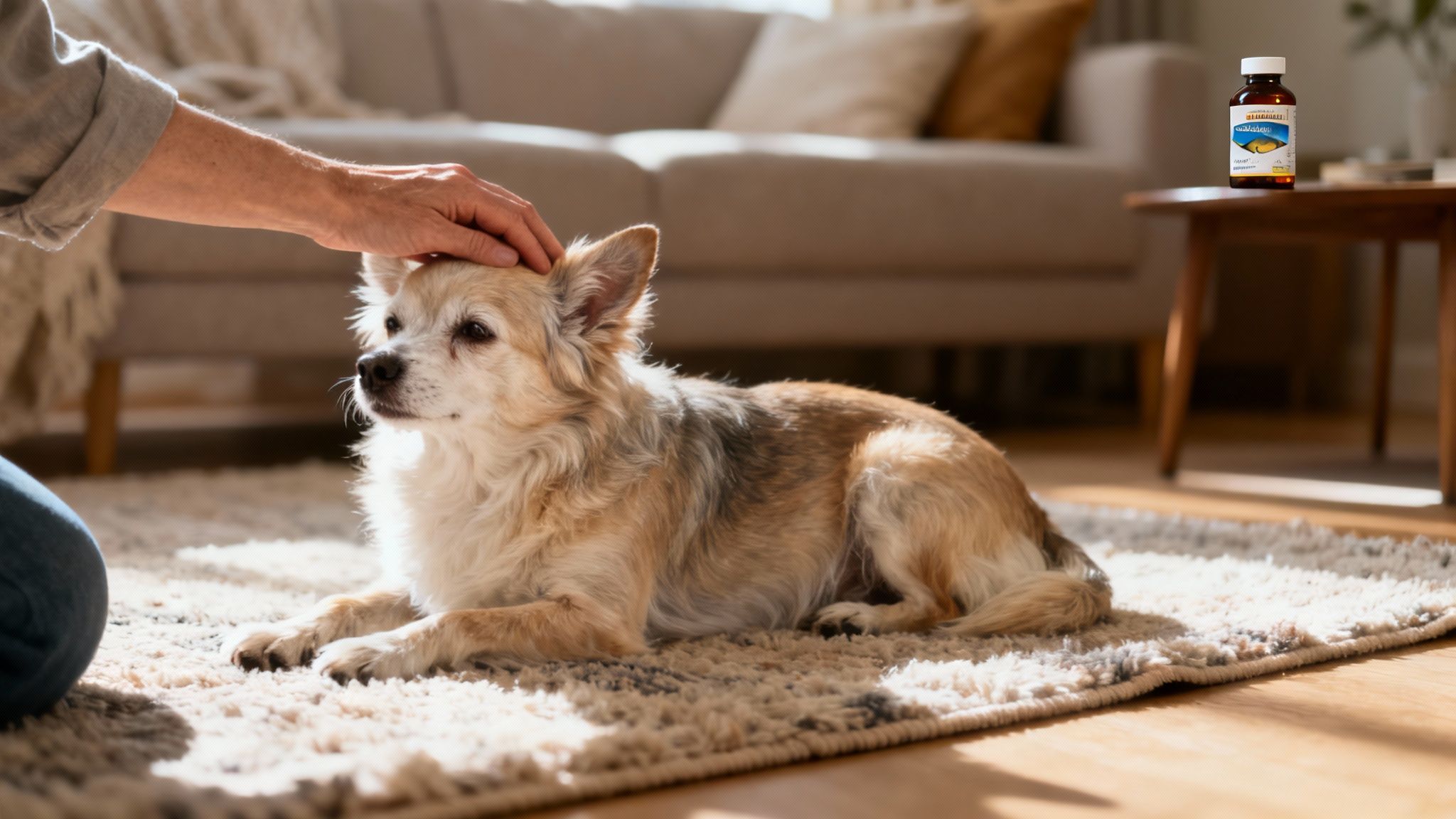 A person gently pets a fluffy dog lying on a cozy rug, with a supplement bottle on a table.