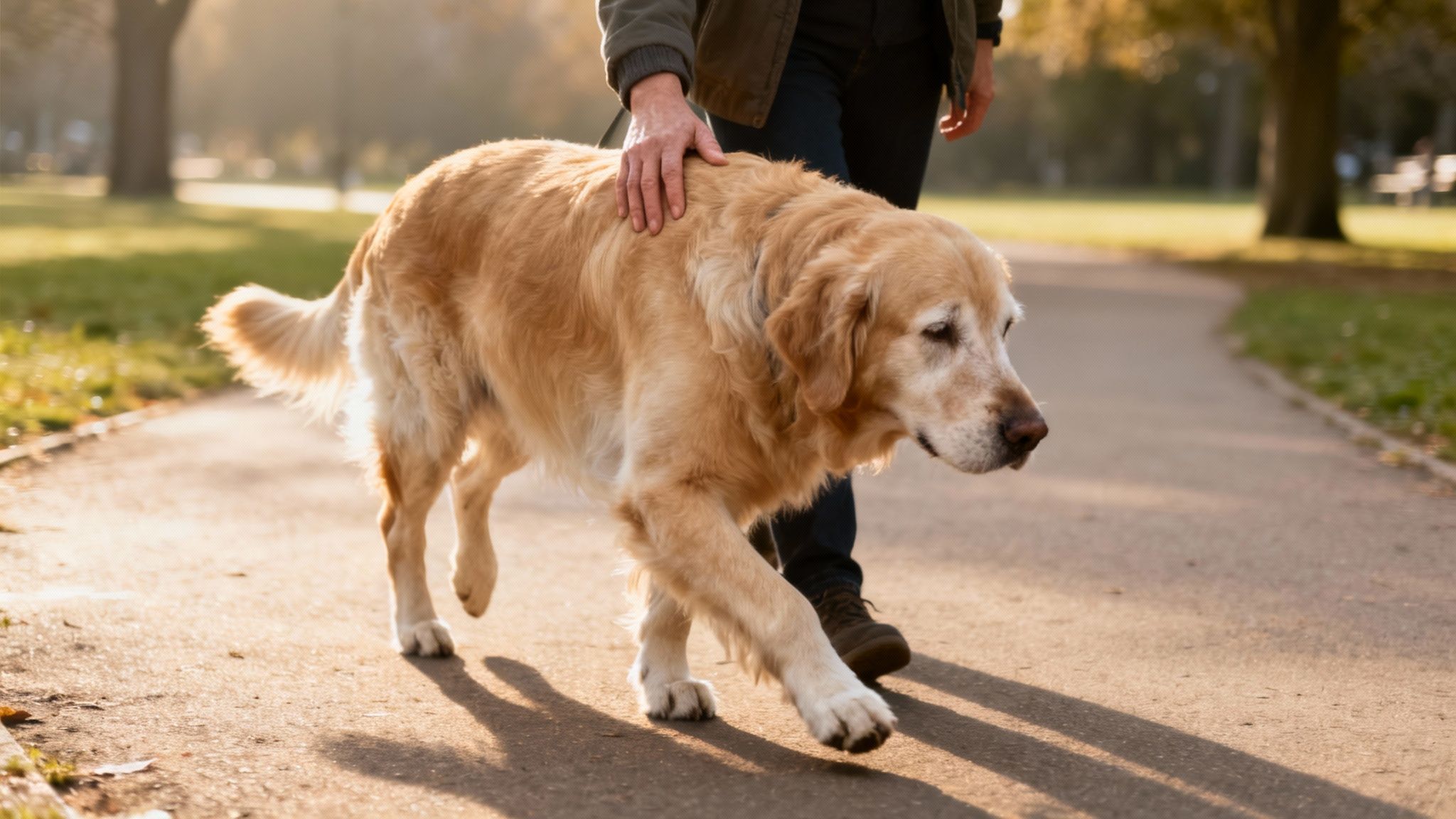 An older golden retriever dog walks calmly on a sunny park path with a person's hand.