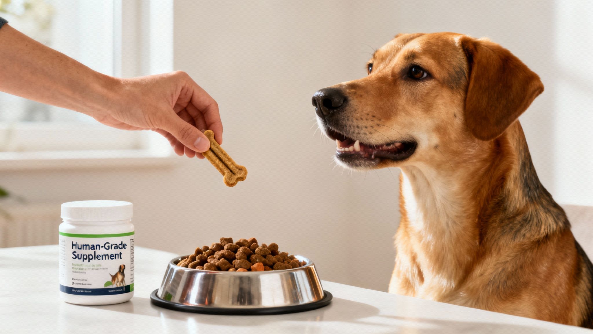 A hand offers a bone-shaped dog treat to a brown dog, with a human-grade supplement and kibble nearby.
