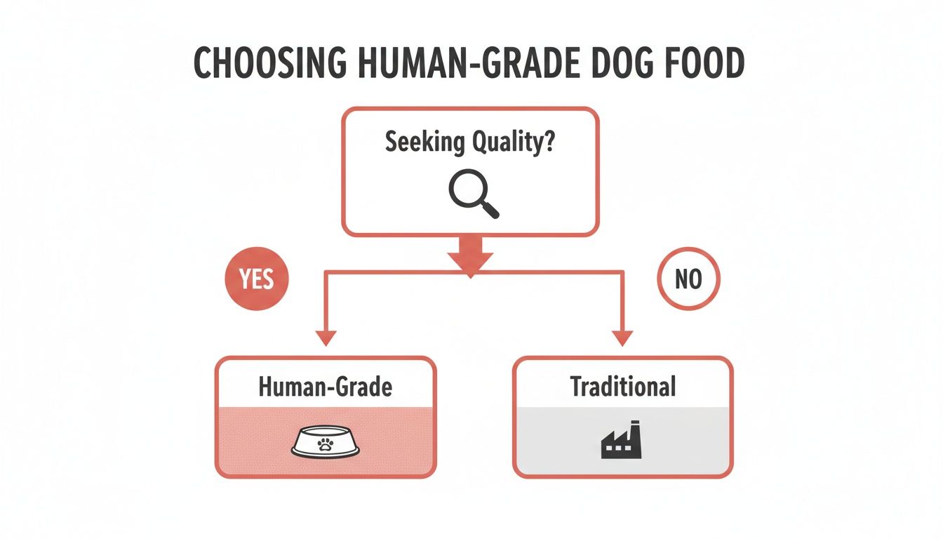 A flowchart titled 'Choosing Human-Grade Dog Food' guides decisions based on seeking quality.