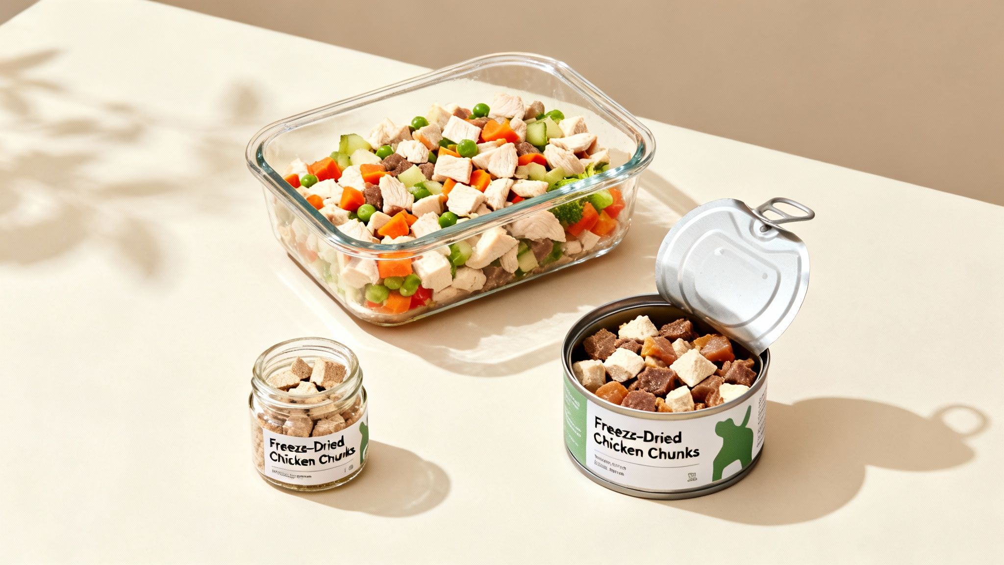 A glass container of fresh human-grade chicken and vegetables, alongside freeze-dried chicken chunks in a jar and open can.