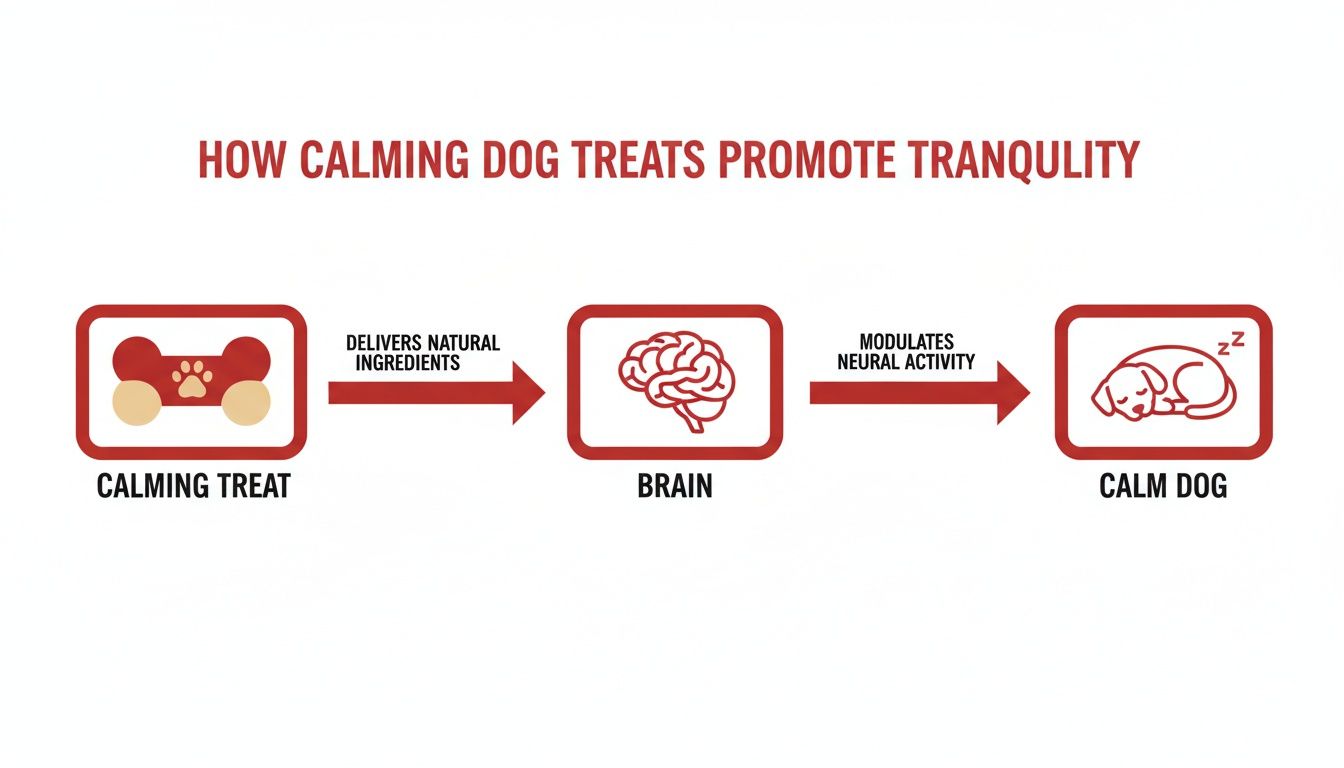 A diagram illustrating how calming dog treats deliver natural ingredients to the brain, promoting tranquility in dogs.