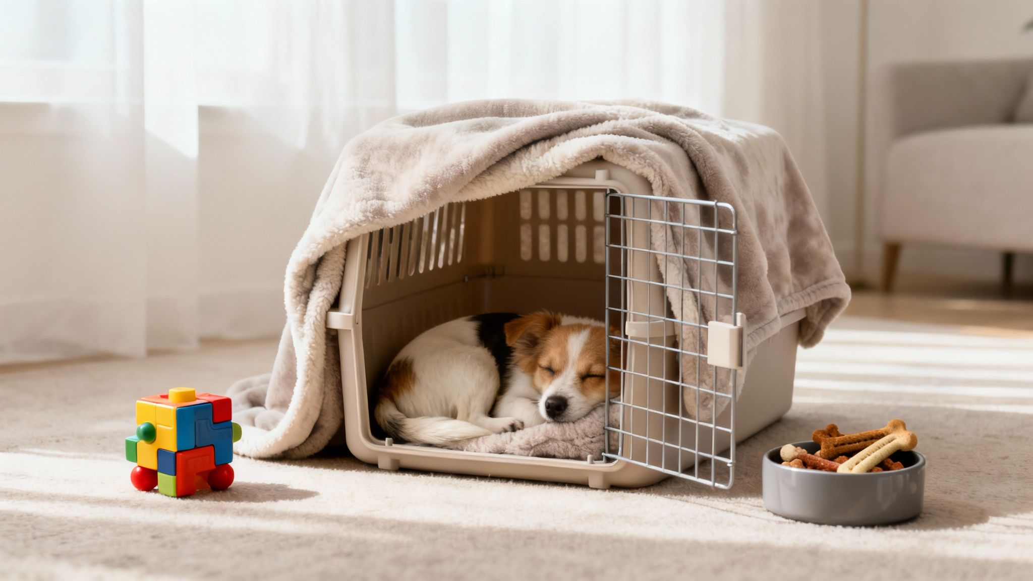A small dog peacefully sleeps in a cozy pet carrier covered with a blanket, next to a toy and treats.