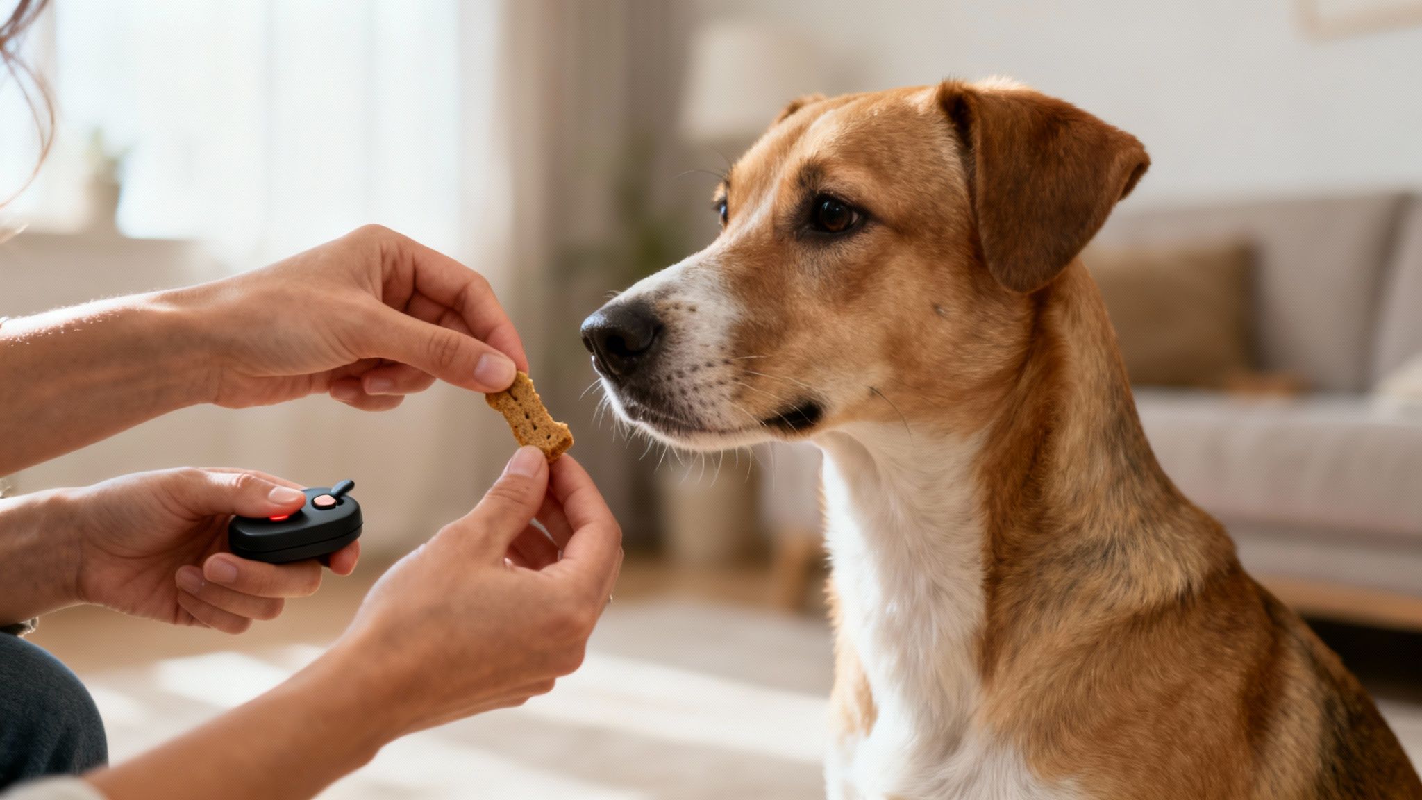 Hands offering a dog treat to a focused brown and white dog, with a training clicker.