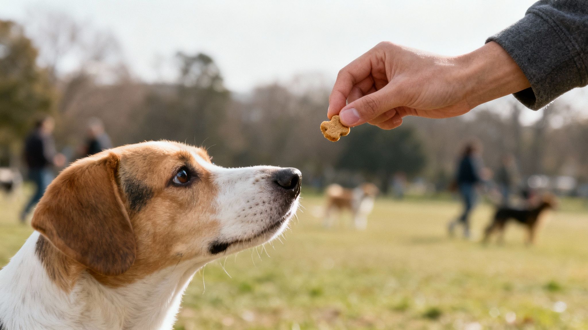 A brown and white dog looking up at a person's hand holding a small dog treat in a park.