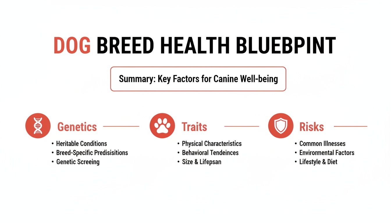 Infographic detailing a dog breed health blueprint, outlining key factors like genetics, traits, and risks for canine well-being.