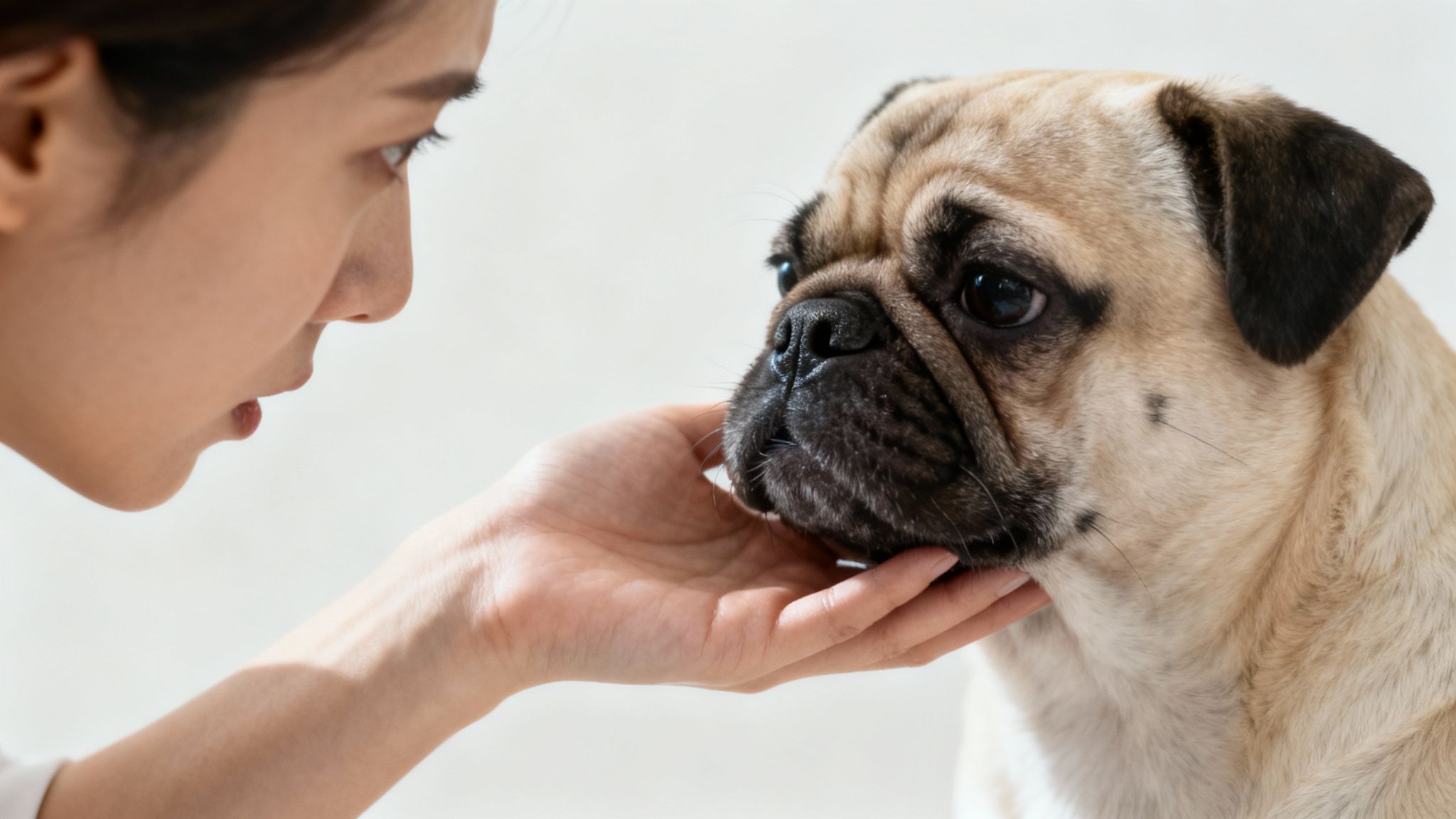 A compassionate woman gently touching a worried pug dog's face, showing care.