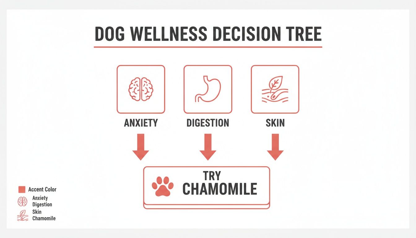 A dog wellness decision tree diagram showing anxiety, digestion, and skin issues all leading to 'Try Chamomile'.