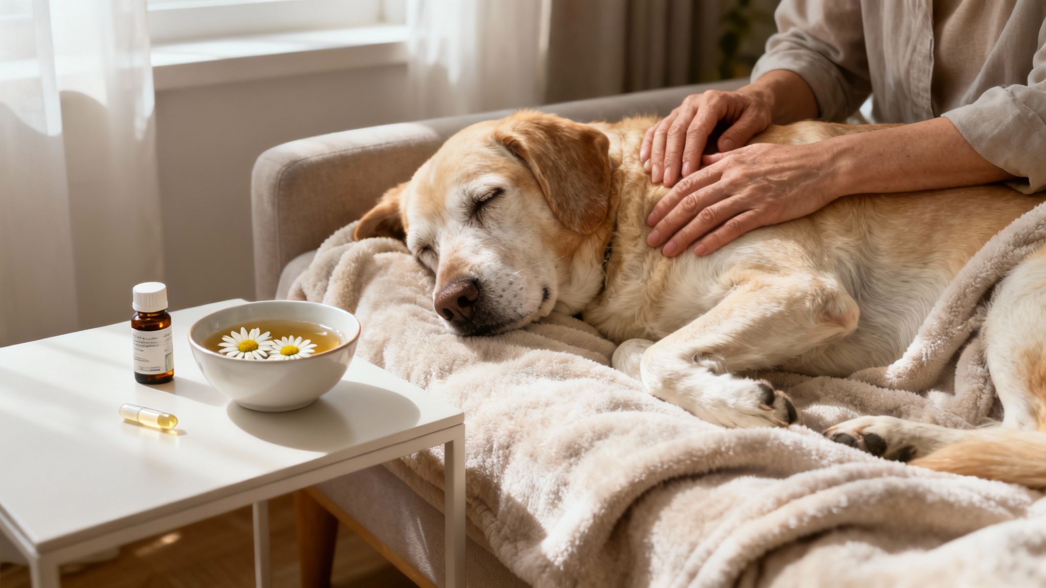 A person gently pets a sleeping golden retriever dog on a soft blanket, with chamomile tea and natural remedies on a nearby table.