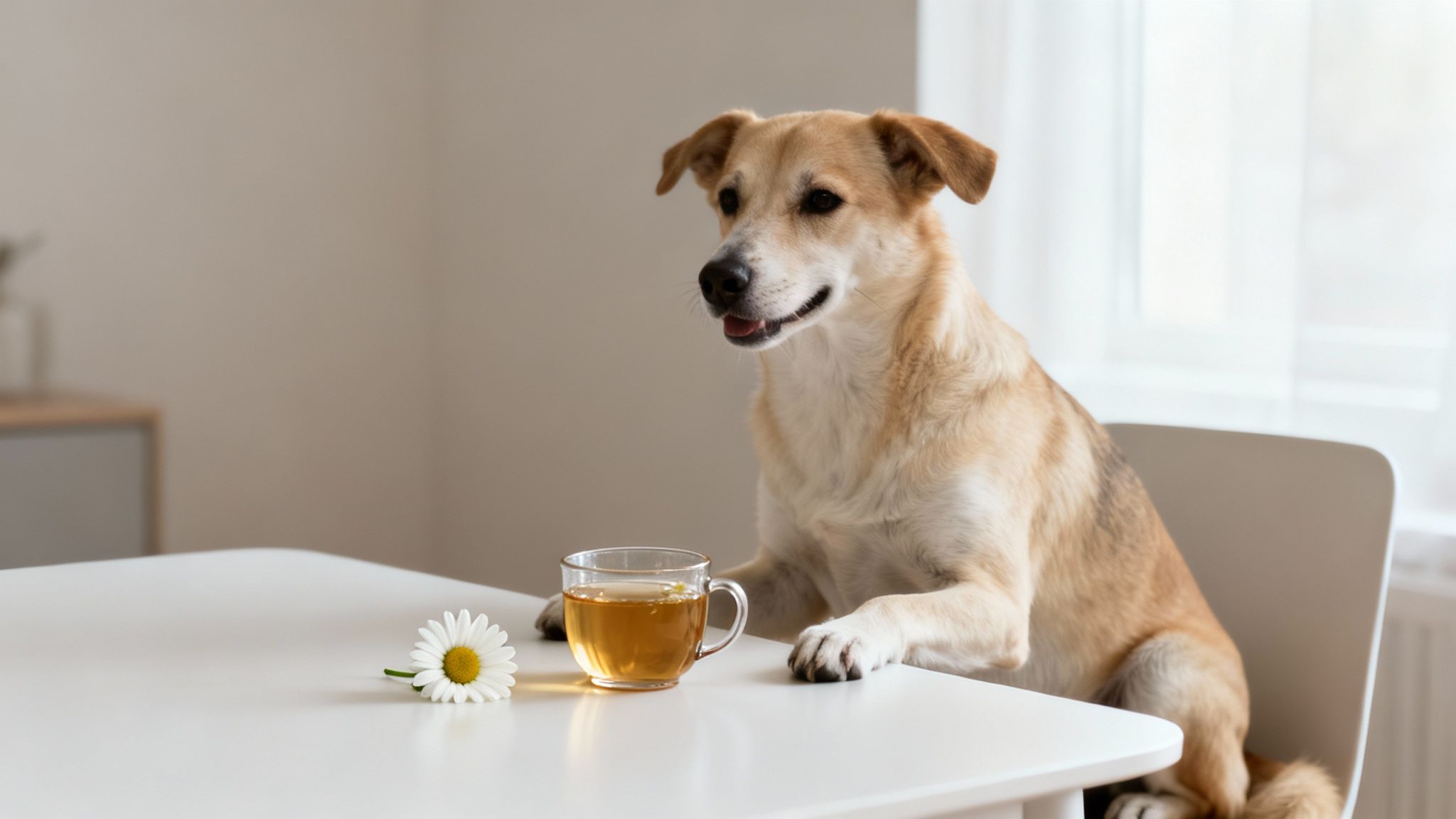 A cute dog sitting at a table with a cup of chamomile tea and a flower.
