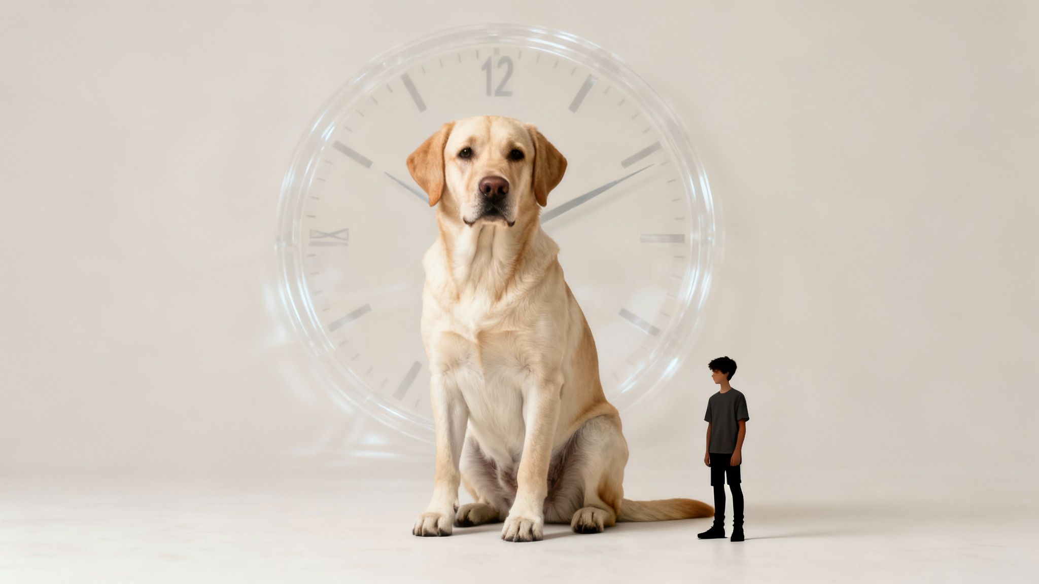 A large golden Labrador dog sits beside a small boy, with a transparent clock in the background.