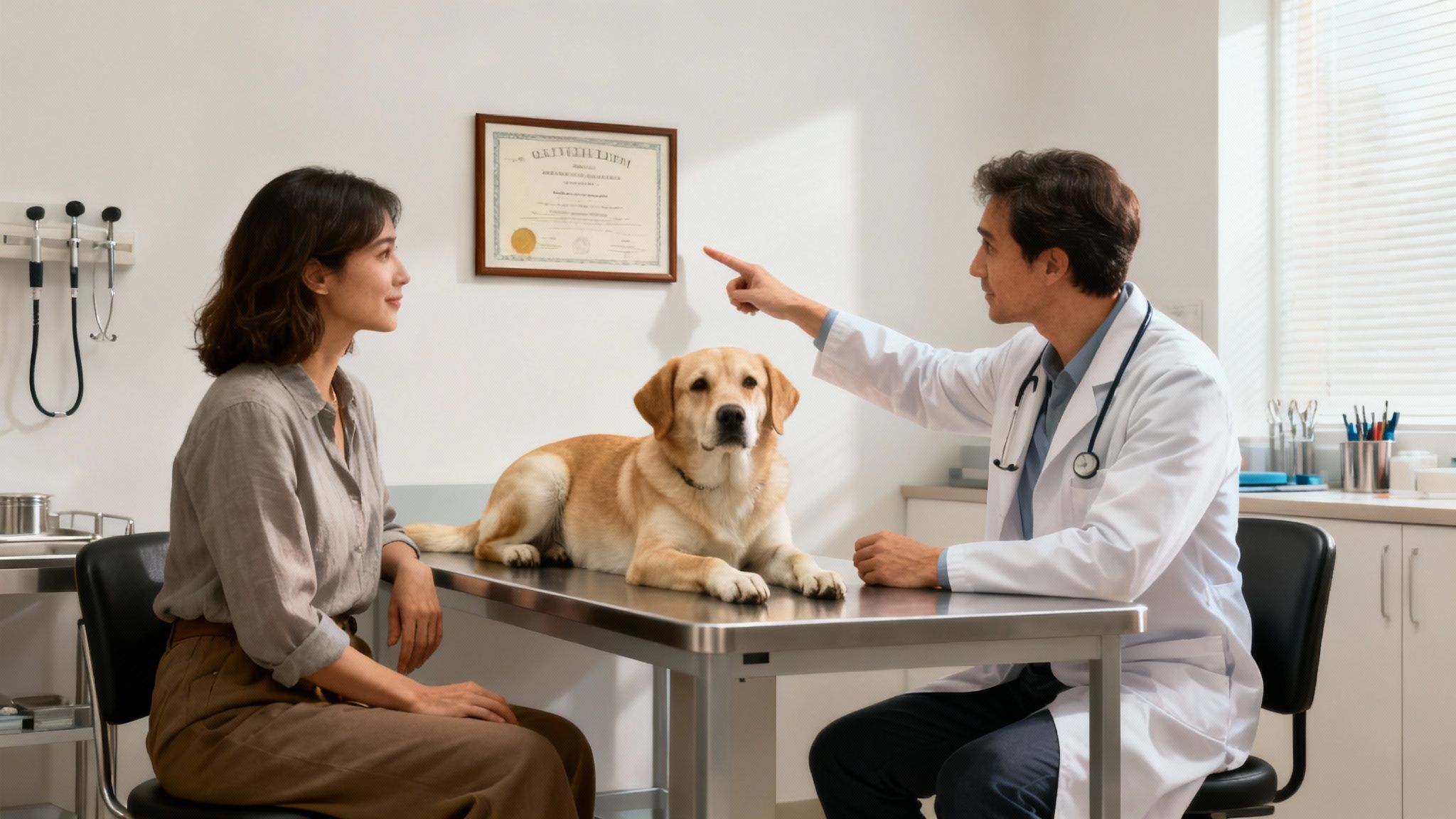 A woman and her Labrador dog at the vet clinic with a male veterinarian.