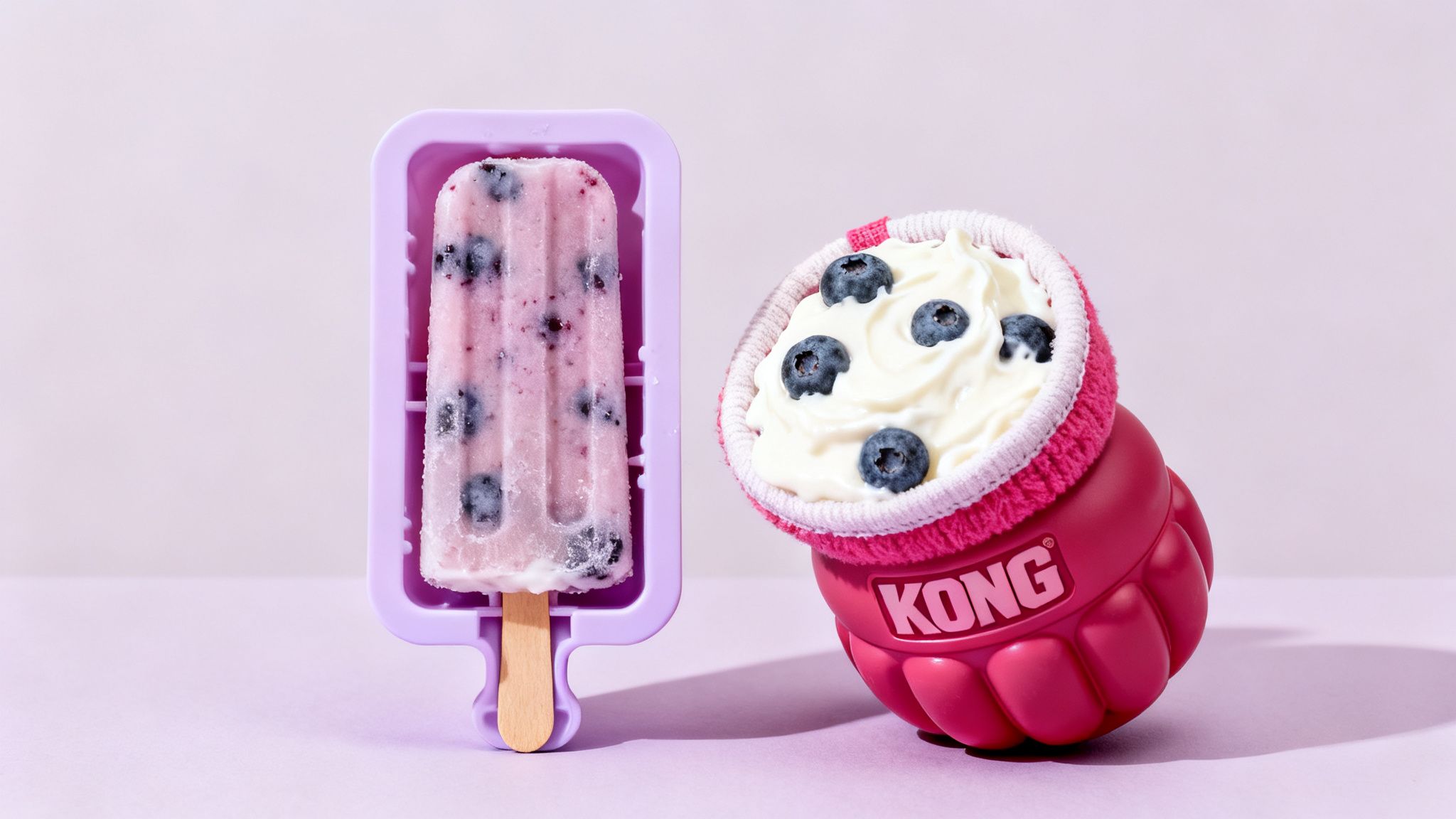 A blueberry popsicle in a purple mold next to a KONG toy filled with yogurt and blueberries.