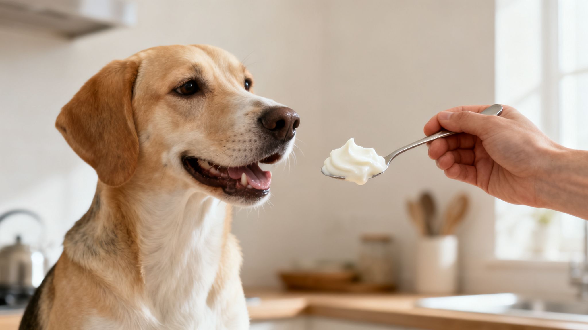A happy dog looks eagerly at a spoon with yogurt held by a person in a bright kitchen.