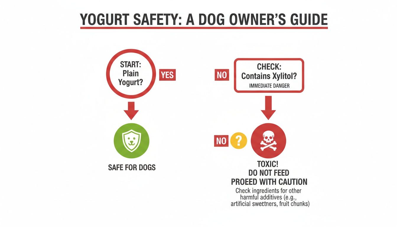 A flowchart guiding dog owners on yogurt safety, emphasizing plain yogurt and avoiding xylitol and other harmful additives.