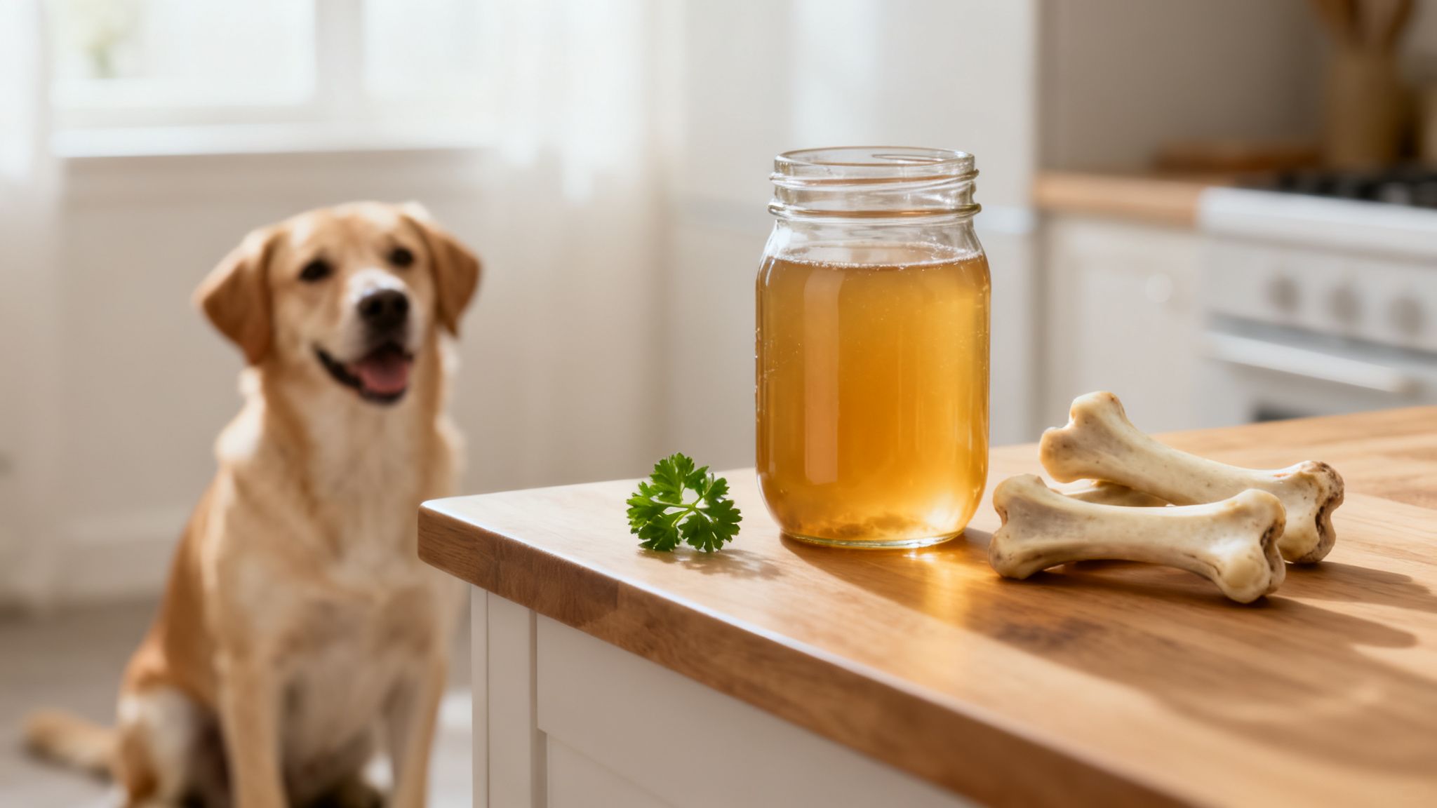 A happy golden retriever watches a jar of bone broth, parsley, and bone treats on a kitchen counter.