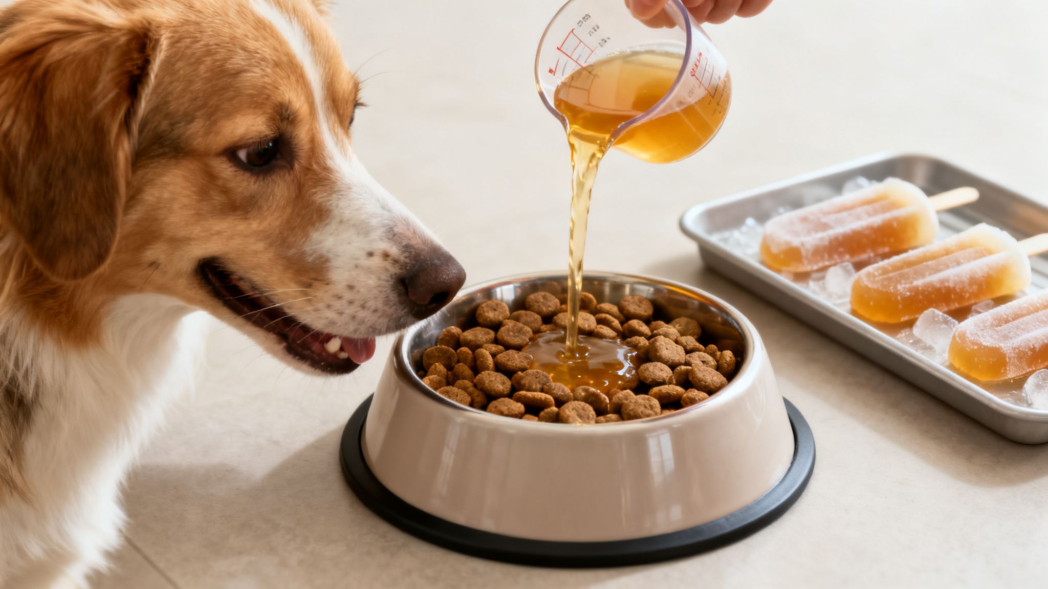 A dog eagerly watches as bone broth is poured over its kibble, with frozen broth popsicles nearby.
