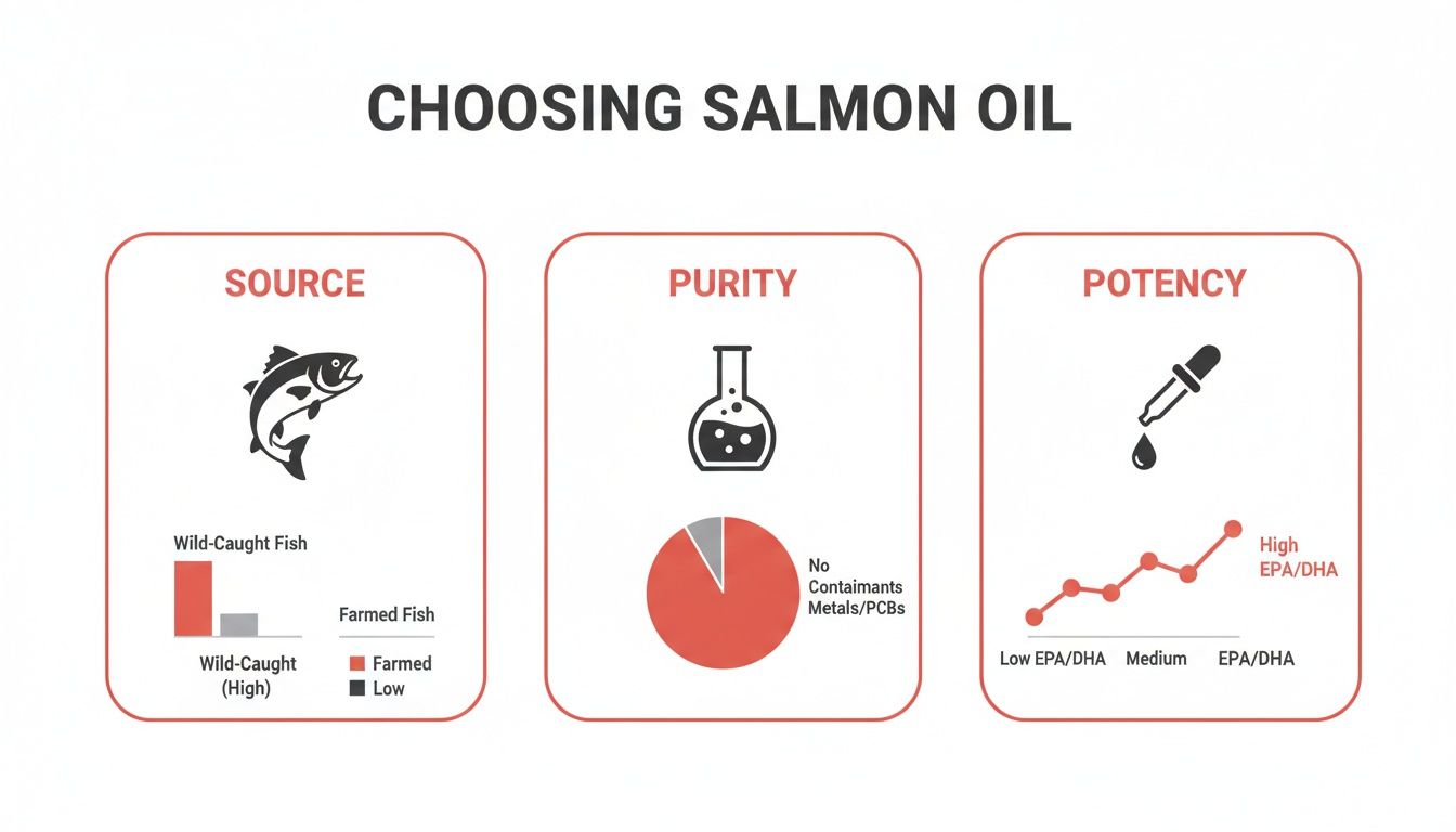 Infographic detailing key factors for choosing salmon oil: source, purity, and potency.