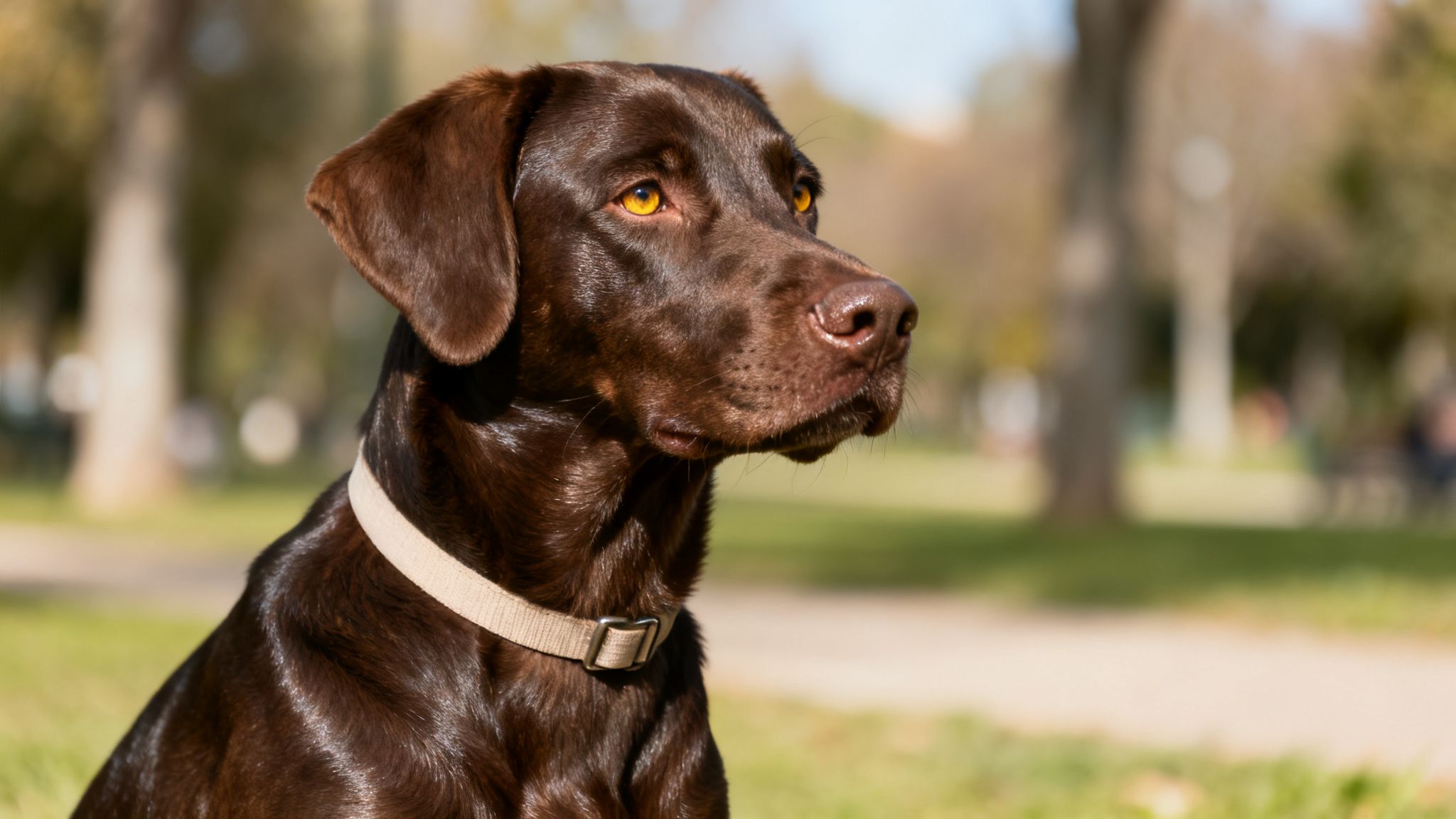 A majestic chocolate Labrador Retriever with amber eyes looks right, sitting in a sunny park.