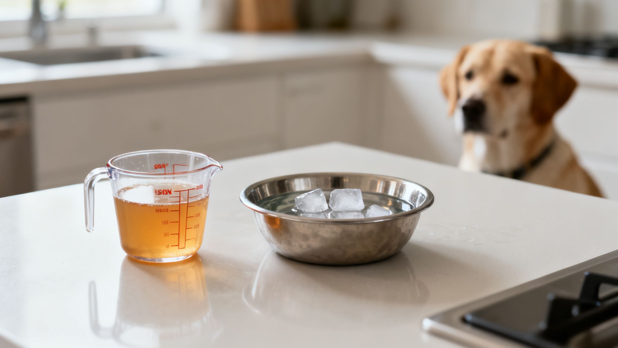 A golden retriever looking at a measuring cup of liquid and a metal bowl of ice water.