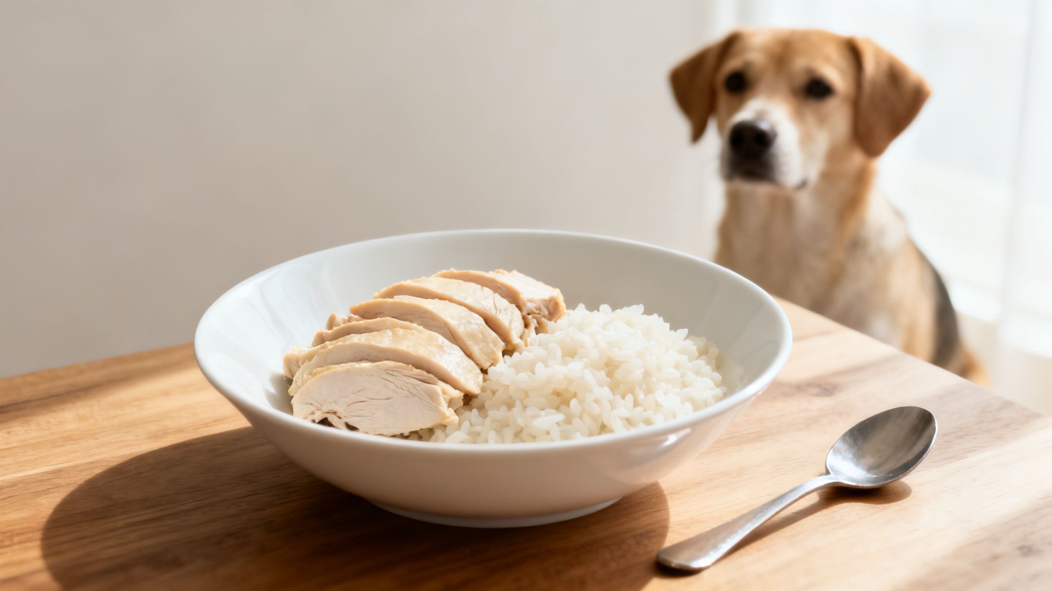 A dog eagerly watches a bowl of plain chicken and rice on a wooden table with a spoon.