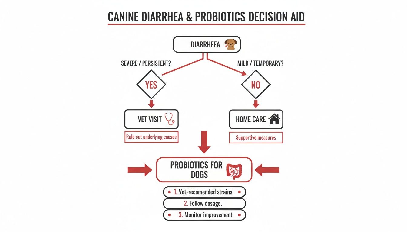 Flowchart on canine diarrhea, guiding decisions on vet visits, home care, and probiotics.