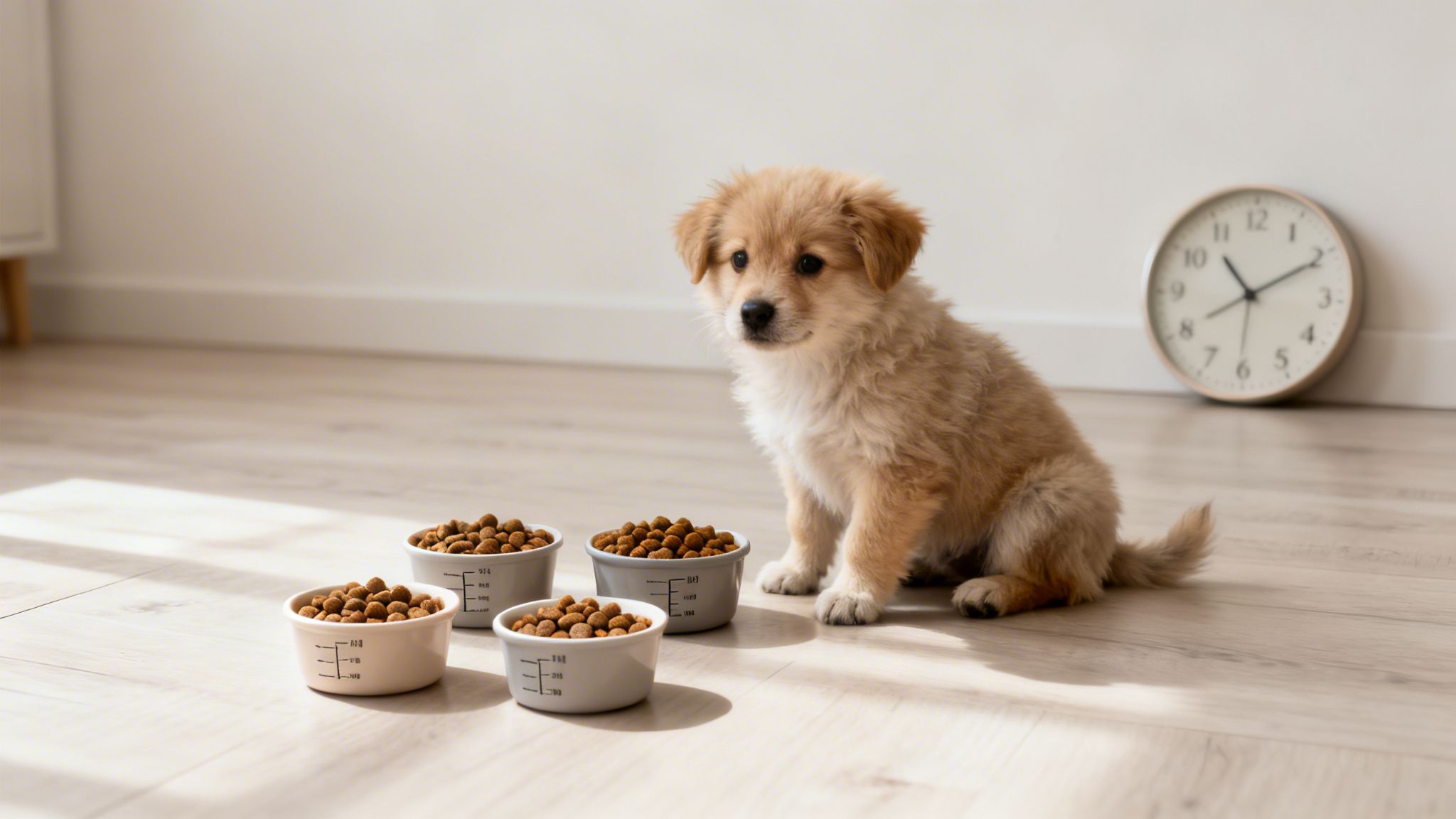 A cute fluffy puppy sits attentively next to four bowls of dry dog food on a light wooden floor.