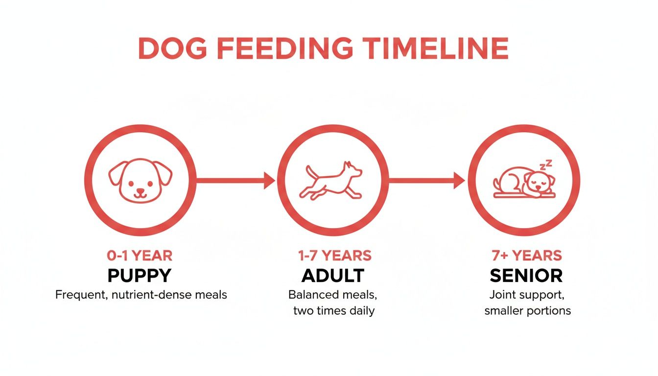 A dog feeding timeline infographic showing puppy (0-1 year), adult (1-7 years), and senior (7+ years) stages with feeding advice.