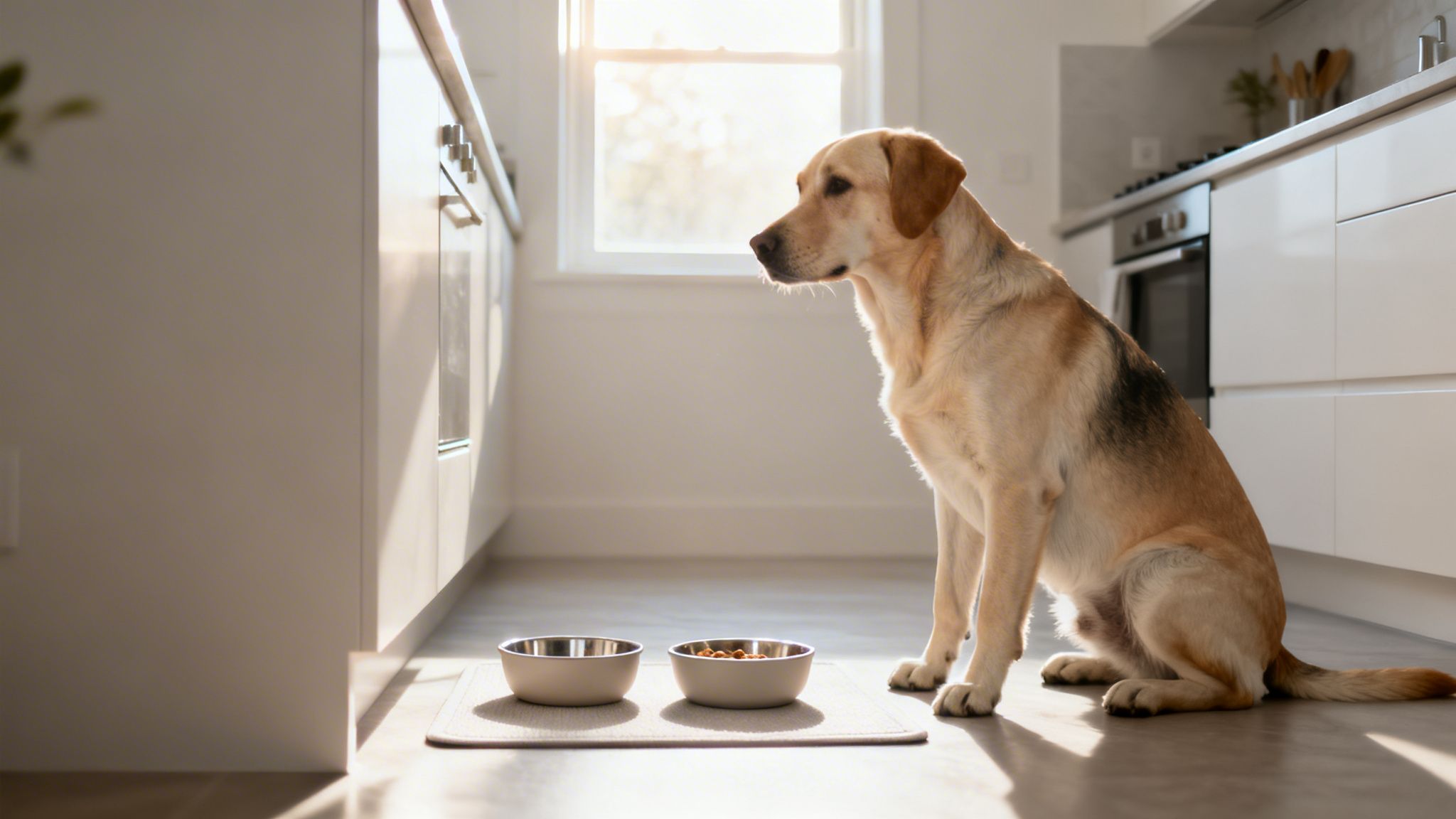 Patient Labrador dog waiting by its food and water bowls in a sunny kitchen.