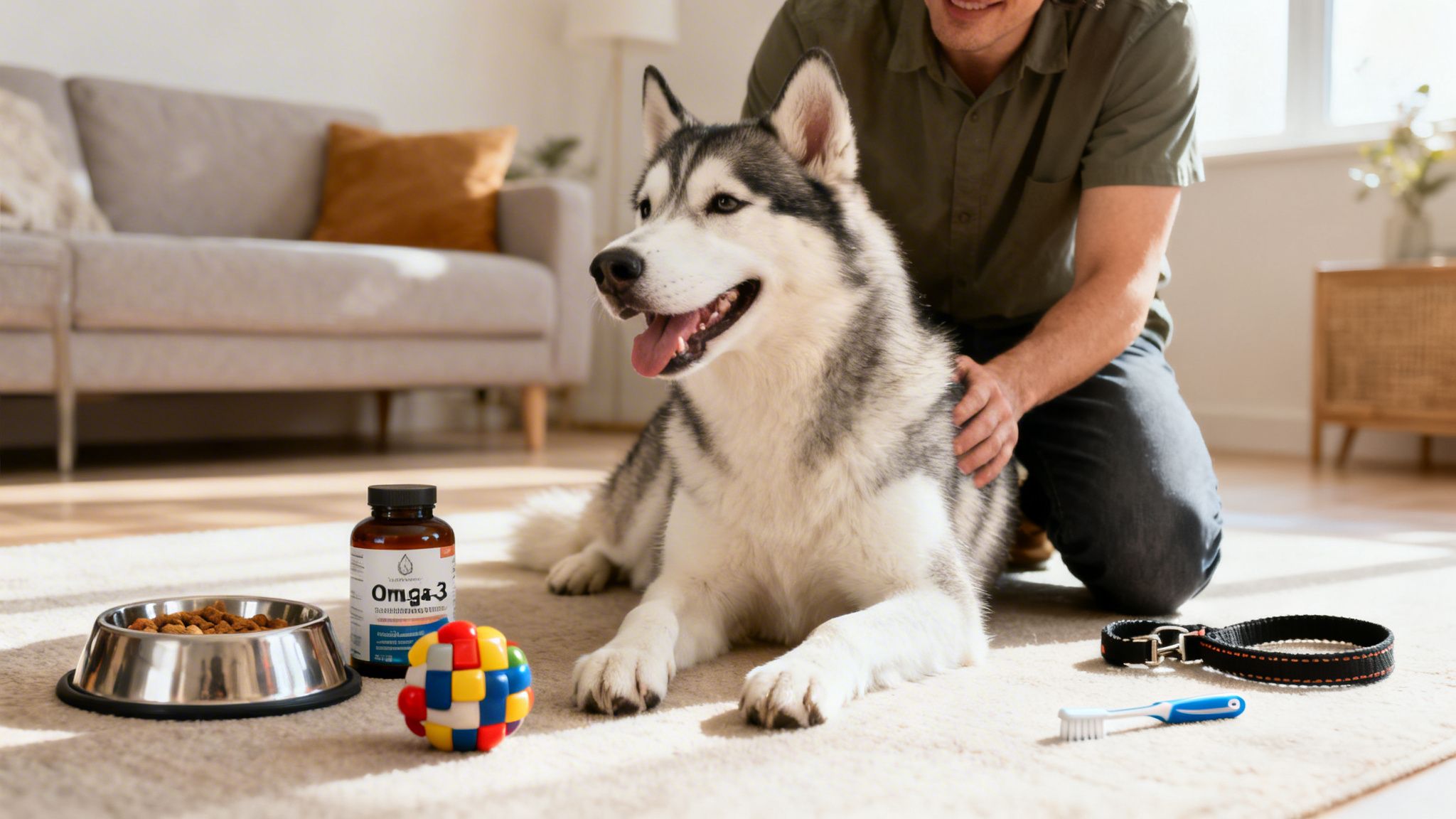 A happy husky dog being petted by a man, surrounded by dog essentials like food, supplements, and toys.