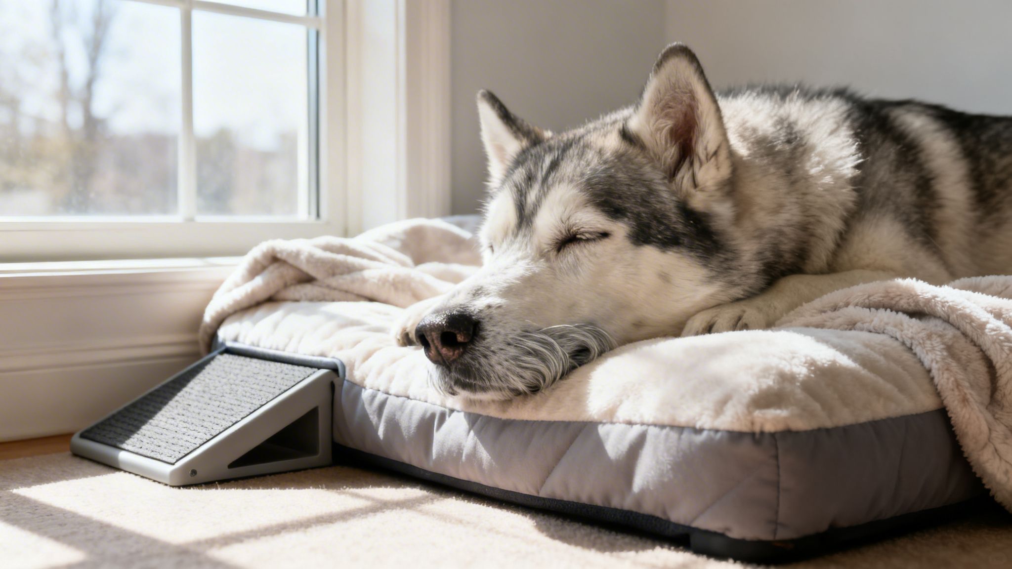 A gray and white husky dog is sleeping peacefully on a fluffy bed by a sunny window.