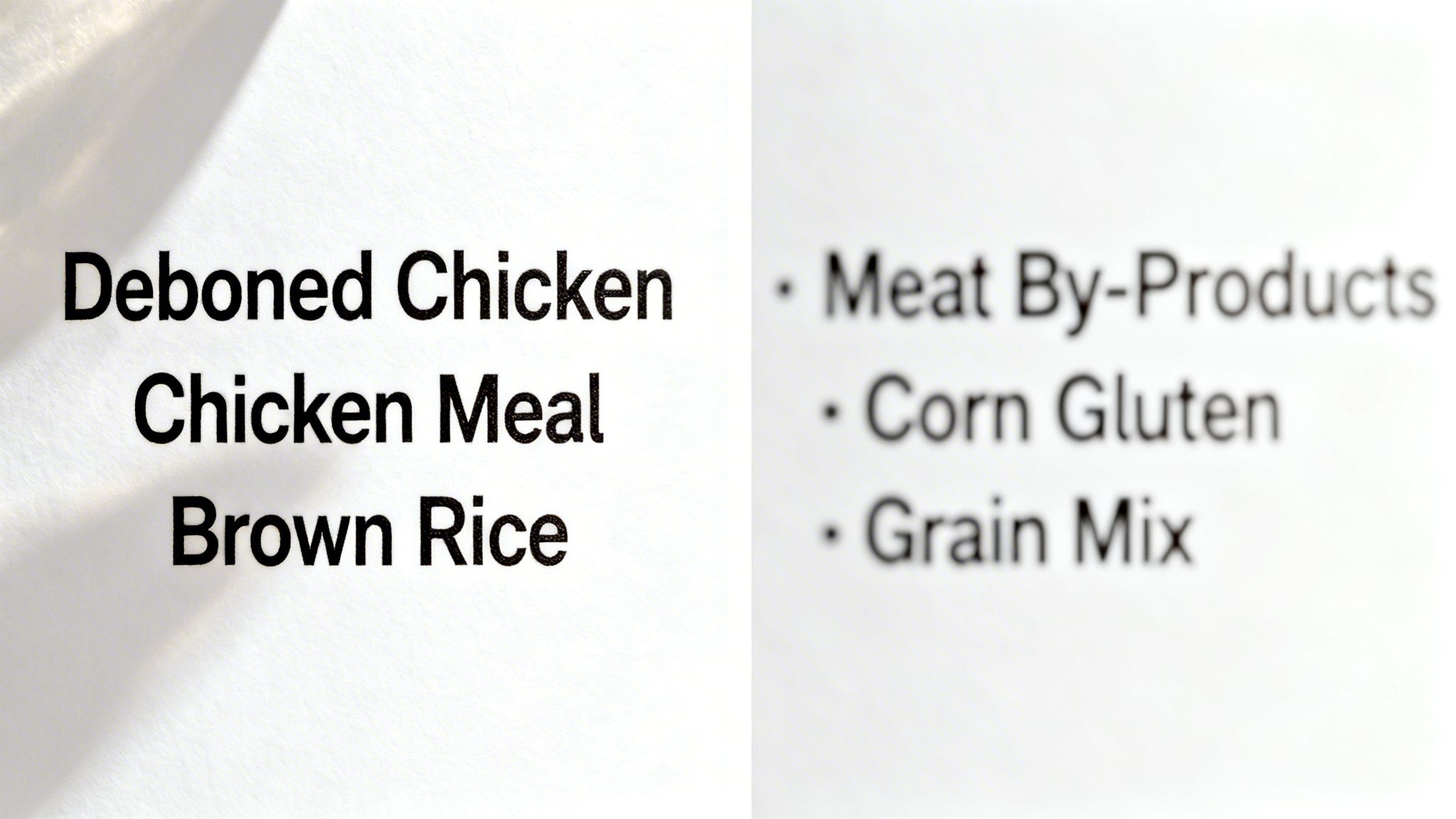A comparison list of pet food ingredients, showing high-quality options like deboned chicken and less desirable ones.