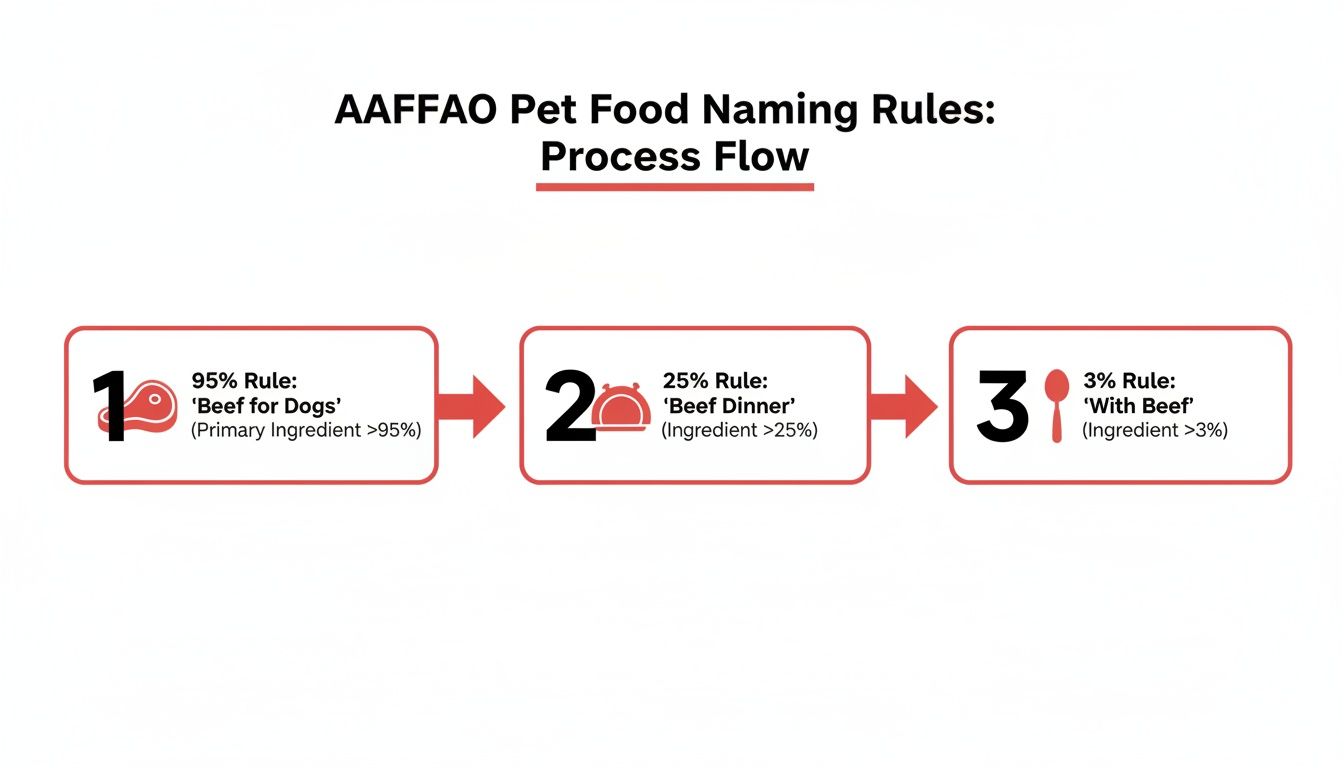 AAFCO pet food naming rules process flow showing 95%, 25%, and 3% ingredient rules.