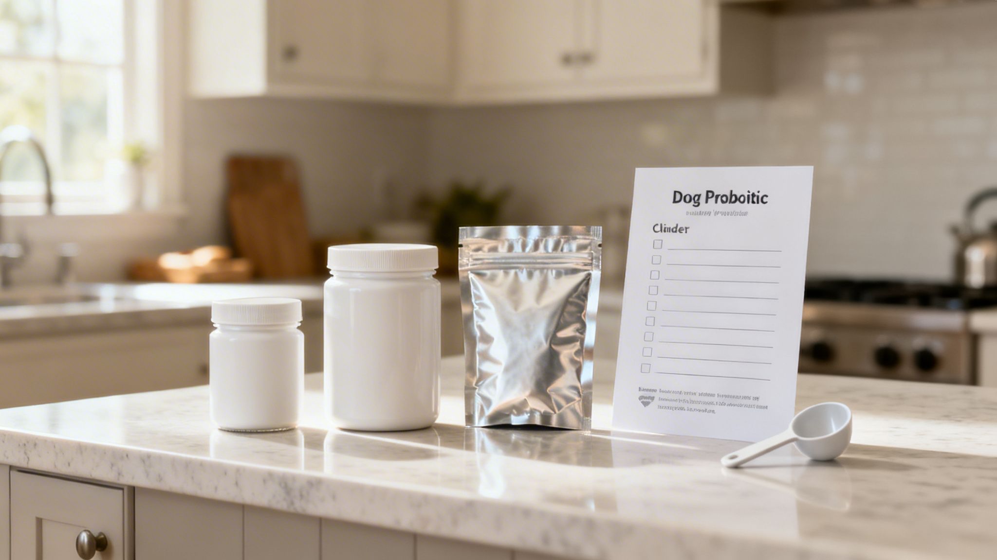 Various dog probiotic products, including two white bottles and a silver pouch, with a checklist and scoop on a kitchen counter.